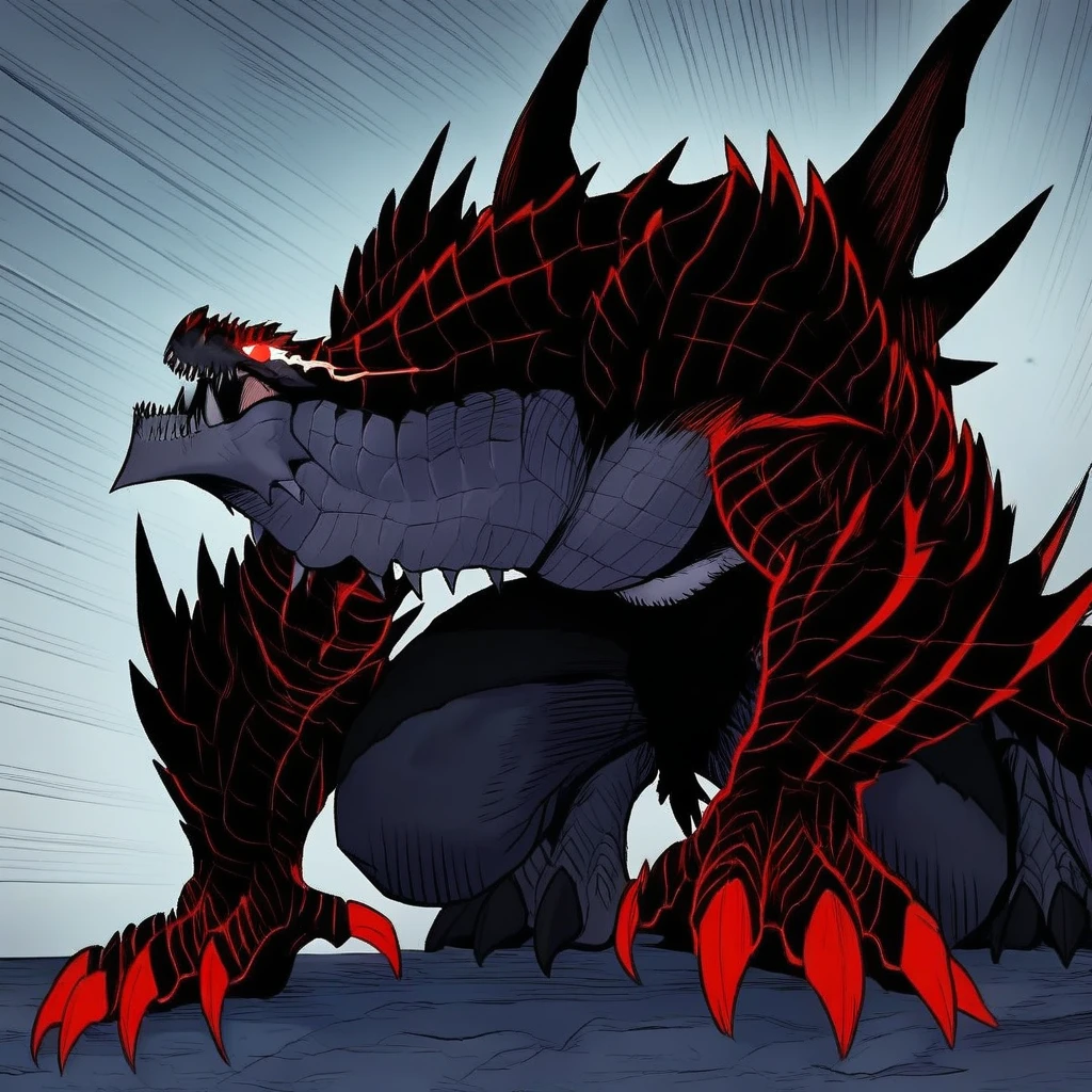 Dark scales, spikes, sharp fangs, Red eyes, Large tail, claws, Dragon, muscular, kneeling, open mouth,