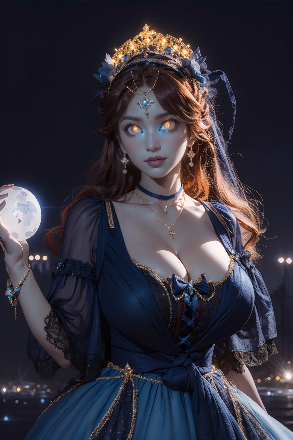 (masterpiece, best quality:1.2),illustration,8k,hd,1 girl,very long hair,solo,cldqz,dress,blue dress,hair ornament,bracelet,jewelry,choker,bracelet,bow,necklace,((cleavage)),big breasts,outdoors,(glowing  eyes:1.3),