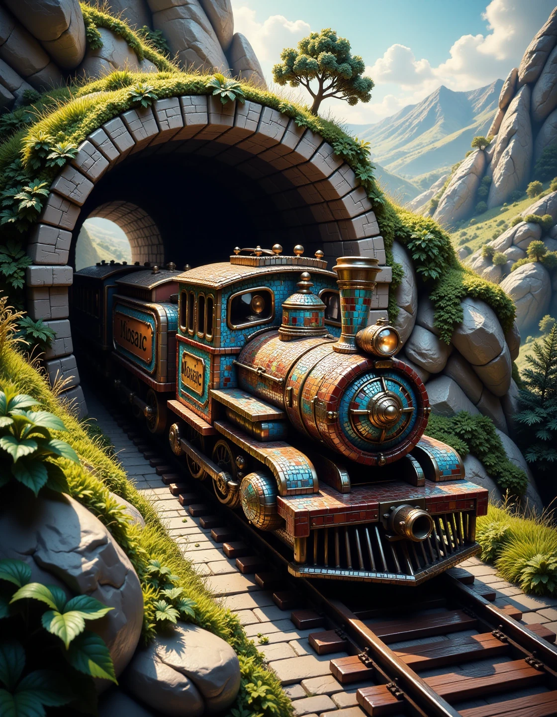 a miniature train made out of colourful mosaic coming out of a overgrown tunnel surrounded by a breathtaking landscape , (with the text "Mosaic" prominently displayed on the train) , highly detailed, <lora:flux-mosaicstyle:1>