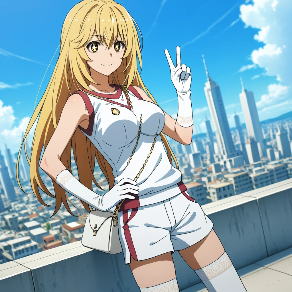 cityscape,standing,cowboy_shot,smile,doyagao,peace_sign,hand_on_own_hip,
slender, 1girl, dutch_angle, dynamic lighting,detailed_background,
<lora:add-detail-xl:1.5>
<lora:Toaru_Misaki_v90:1> shokuhou_misaki, long_hair,blonde_hair,sparkling_eyes,brown_eyes, large_breasts, tokiwadai_school_gym_uniform, sportswear, white_gloves,elbow_gloves, white_shorts,white_thighhighs,(white_handbag:1.2),(between_breasts:1.1),