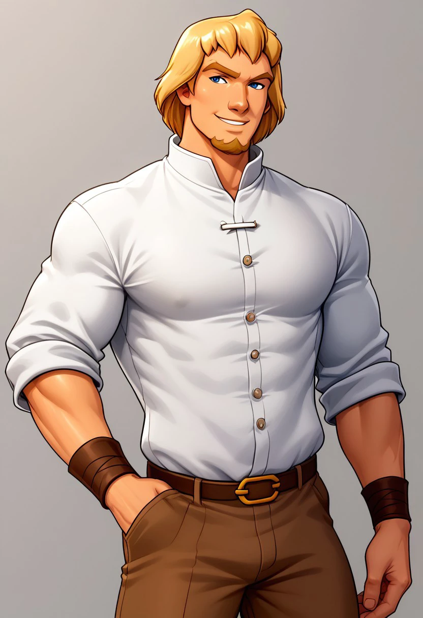Captain Phoebus, white shirt, Brown Pants, wrist bands, Confident Smirk, Male, 1boy, Muscular
