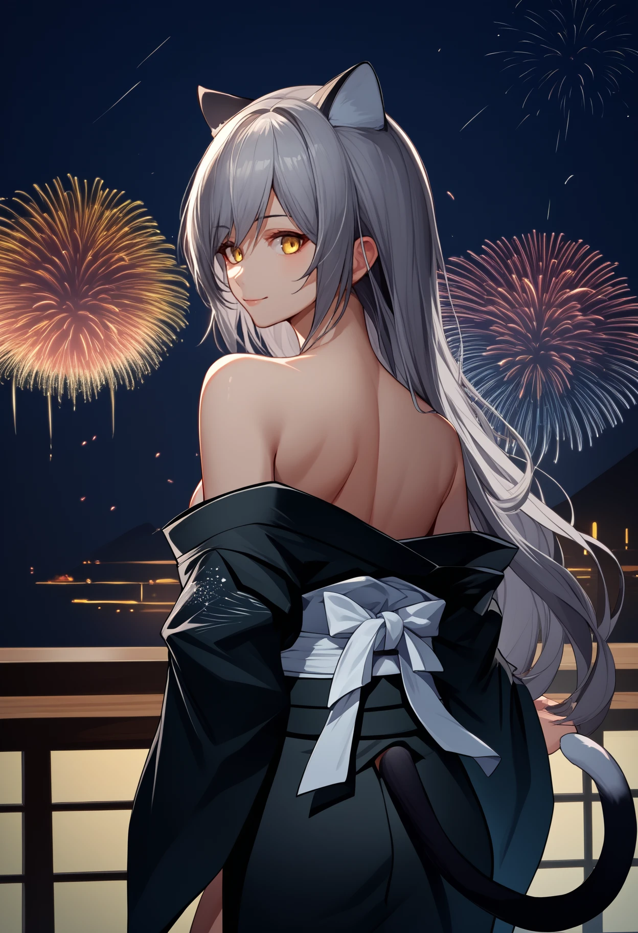 score_9, score_8_up, score_7_up, source_anime, <break> from behind, solo, 1girl, shwrzsky, cat tail, light smile, looking back, grey hair, animal ears, yellow eyes, japanese clothes, black kimono, off shoulder, white sash, bare shoulders, fireworks
<segment:yolo-face_yolov8m.pt,0.4,0.5//cid=1>