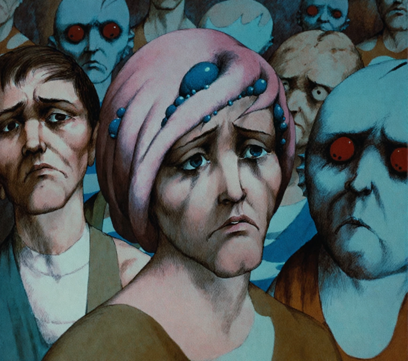 <lora:fantaplanet_pony_v1:1> a frame from "fantastic planet \(1973\)", surreal,abstract, a woman is looking at the camera with a sad expression while a group of men surround her., score_9, score_6_up, score_7_up