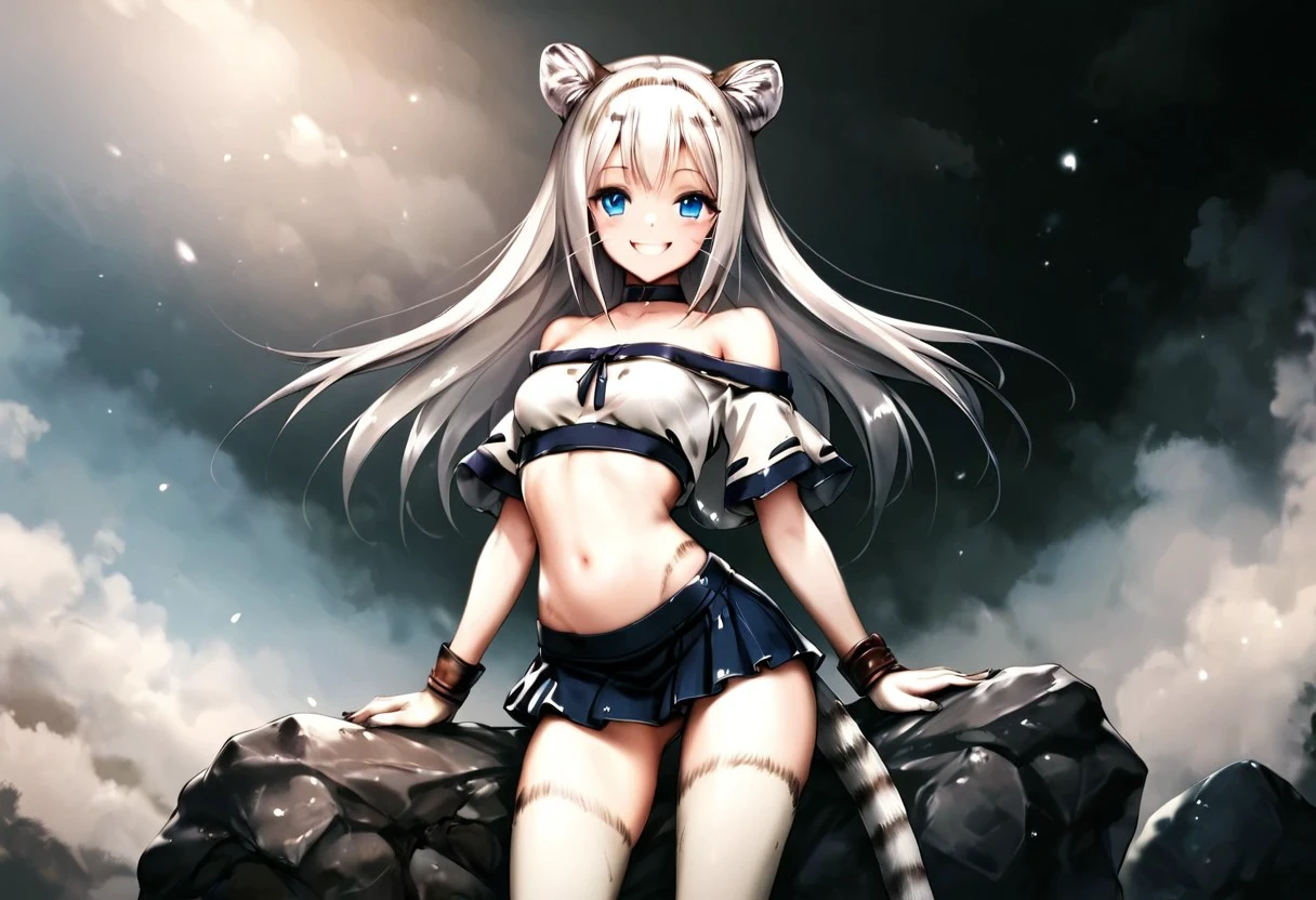 very detailed, hyper detailed, detailed clothes, high resolution illustration, score_9, score_8_up, score_7_up, 1girl, short girl, tail raised, furry female, tail, smile, long hair, only furry, furry girl, animal ears, seductive smile, blue eyes,  thin, slim, small breasts, narrow waist, bare shoulders, off-shoulder shirt, crop top, black choker, blue skirt, pelvic bone, lowleg skirt, short skirt, rock background, detailed background, thighs, sexy, looking at viewer, joyful, light smile,