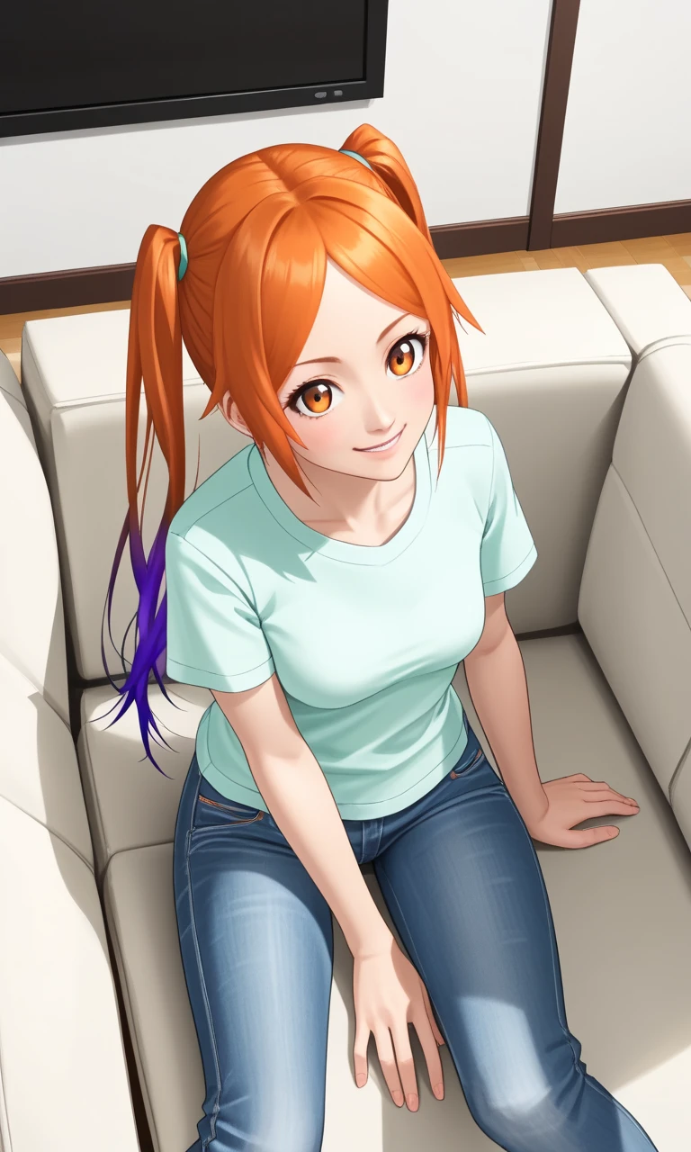 1girl, sit, indoor, from above, t-shirt, sofa, jeans, smile, quna_idol, orange hair, gradient hair, long hair, twintails, 