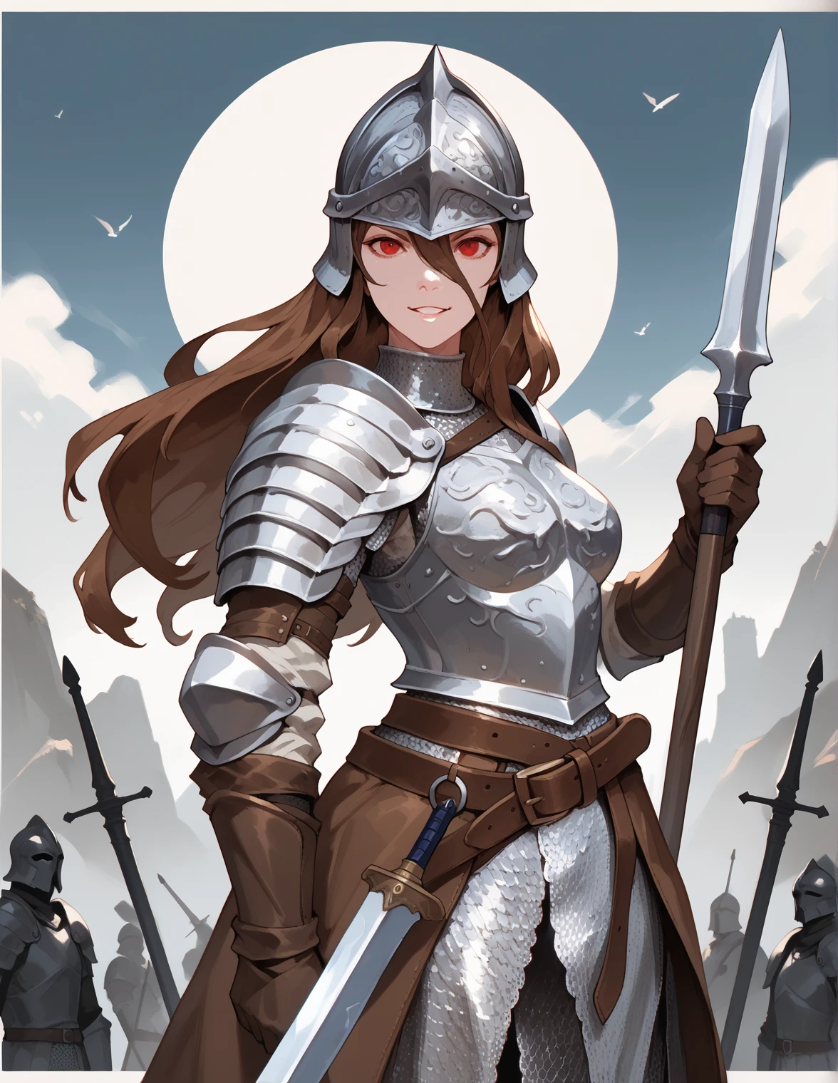 score_9, score_8_up, score_7_up, score_6_up, m1ne0h , lnp, 1girl, solo, long hair, looking at viewer, smile, brown hair, red eyes, gloves, holding, hair between eyes, weapon, parted lips, belt, sword, holding weapon, armor, border, helmet, polearm, shoulder armor, gauntlets, sheath, pauldrons, breastplate, knight, helm, chainmail, plate armor, <lora:m1ne0hv1.1-pony:1>