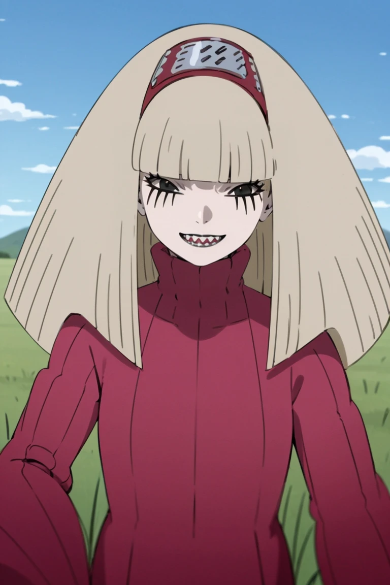 masterpiece, best quality,
1girl, hebiichigo, blonde hair, blunt bangs, long hair, black eyes,
hairband, sweater, turtleneck,
sharp teeth,
upper body, smile, solo, looking at viewer, grass, blue sky, meadow background <lora:Hebiichigo_byKonan:1>