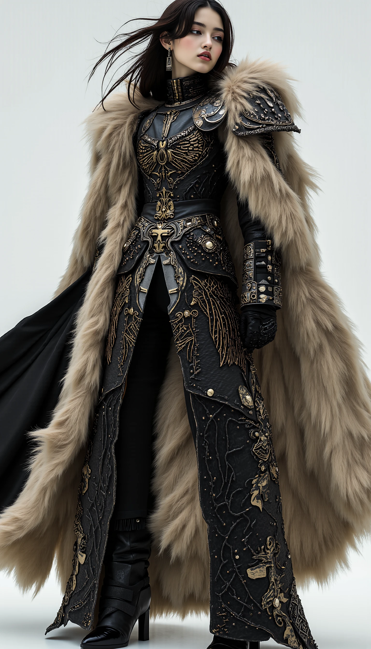 A fashion model dressed in a futuristic interpretation of Viking attire, with a focus on rugged, natural materials like fur and leather, combined with sleek, modern cuts and metallic embellishments. The outfit has a powerful silhouette, with flowing capes and structured armor-like elements that evoke both ancient warrior strength and futuristic design. The modelâs stance is commanding, and the background is kept minimal to highlight the intricate details of the garment, blending the raw power of Viking history with modern fashion aesthetics, elegant pose,
from behind, looking back, (from above:0.6), (dutch angle:0),cowboyshot,
wind, floating hair, looking away, midjourney_whisper_avant_couture, <lora:midjourney_whisper_avant_couture_v01:1>,