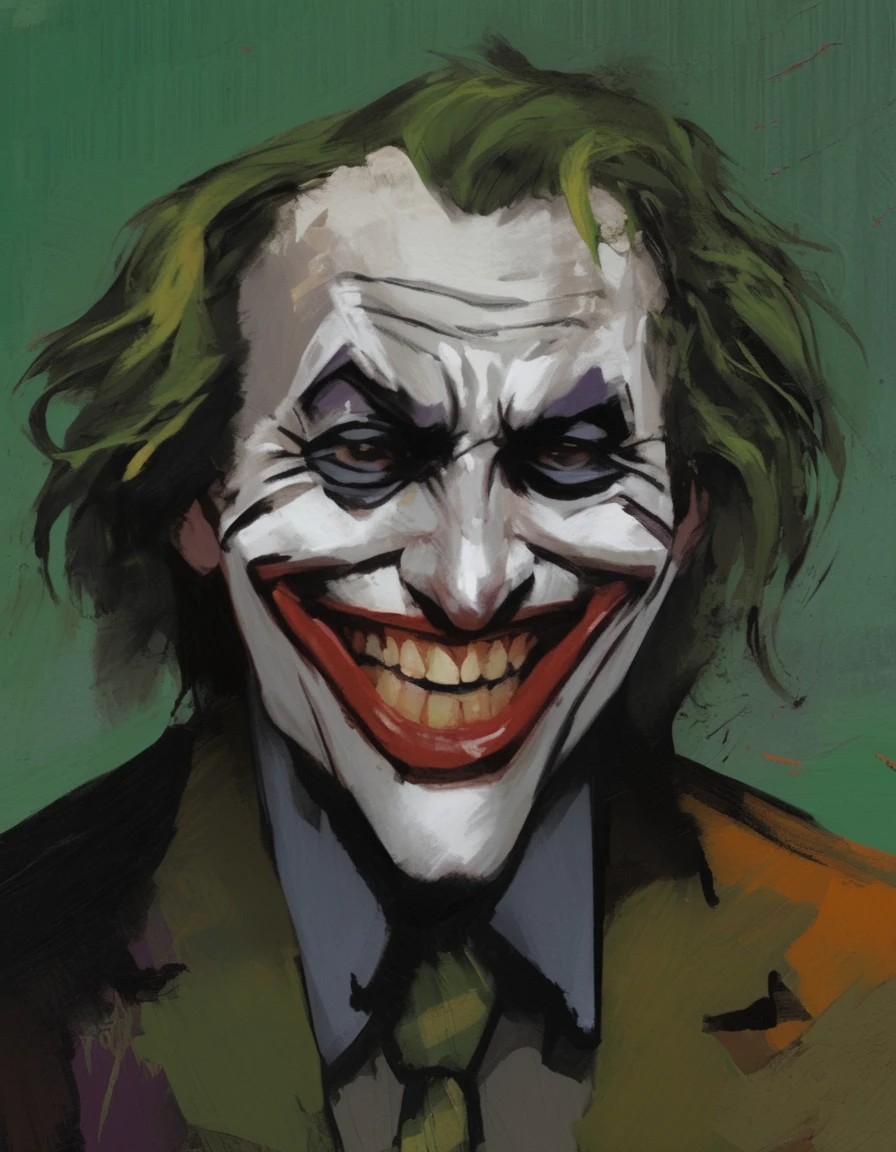 Abstract expressionist painted portrait of The Joker laughing. Harsh brushstrokes, colorful background.  <lora:Disco_Elysium_Portrait_SDXL:1>