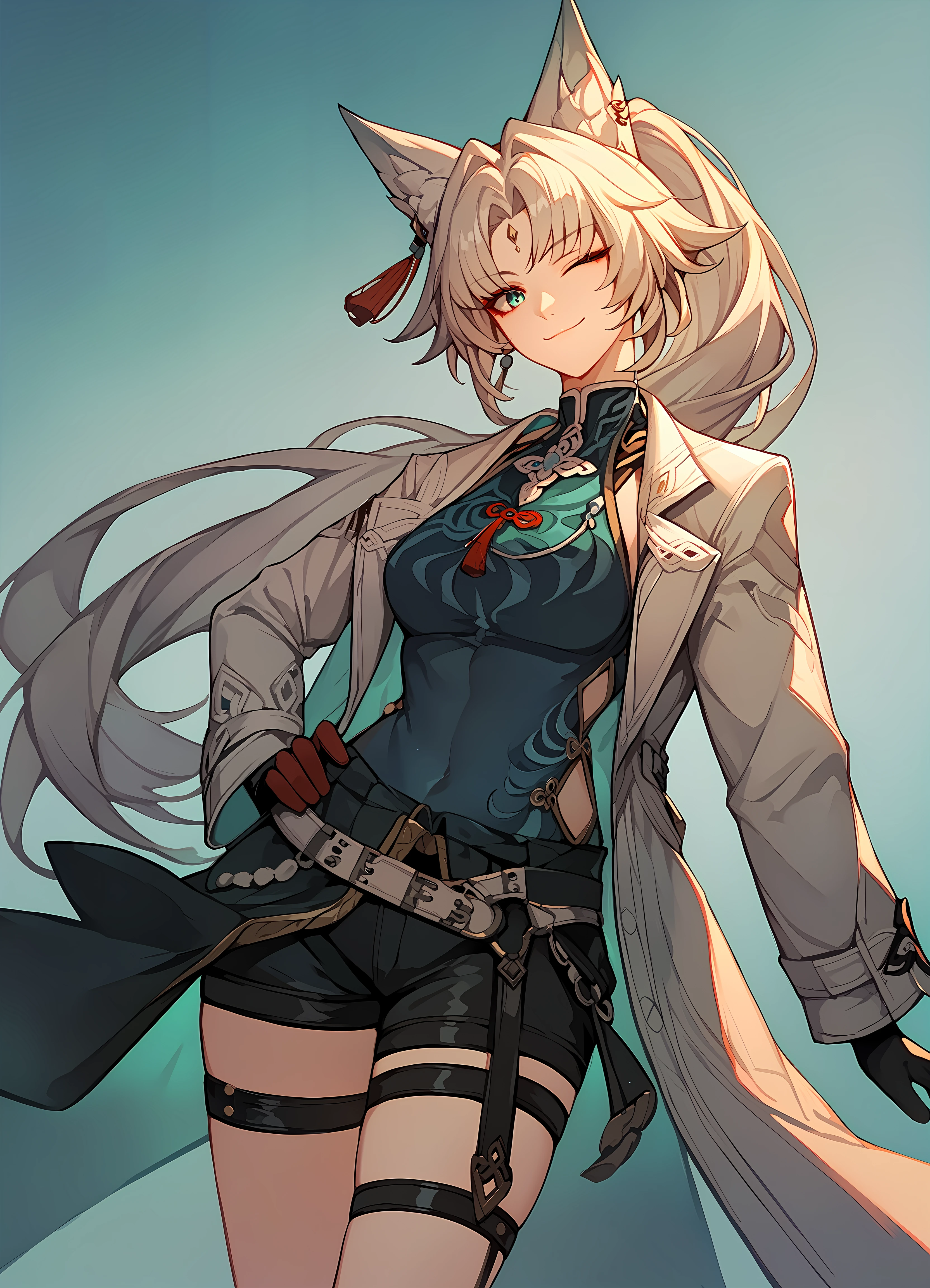 (score_9, score_8_up, score_7_up), 1girl, feixiao, open coat, black gloves, half-skirt, double thigh strap, standing, gradient background, hand on own hip, one eye closed, smile, closed mouth, head tilt, <lora:feixiao-strPO-v1A:0.9>