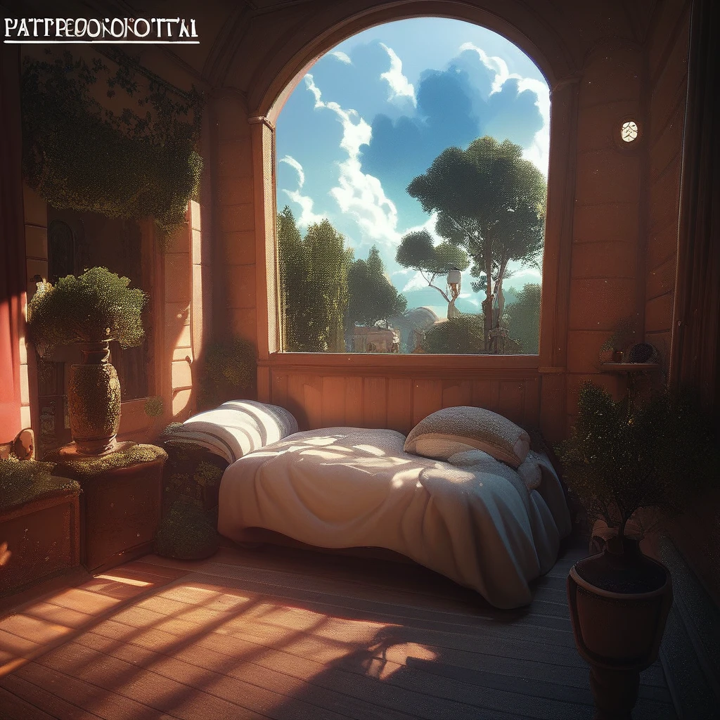 (score_9, score_8_up, score_7_up, score_6_up,) naboo, no humans, scenery, cloud, sky, bed, plant, window, table, pillow, indoors, tree, watermark, lamp, wooden floor, sunlight, cloudy sky