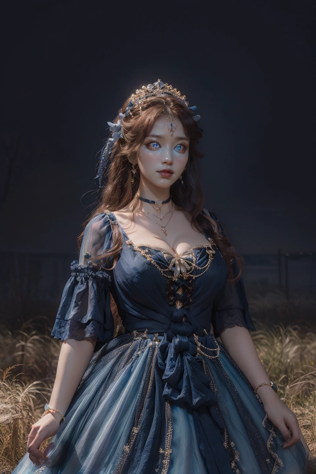 (masterpiece, best quality:1.2),illustration,8k,hd,1 girl,very long hair,solo,cldqz,dress,blue dress,hair ornament,bracelet,jewelry,choker,bracelet,bow,necklace,((cleavage)),big breasts,outdoors,(glowing  eyes:1.3),