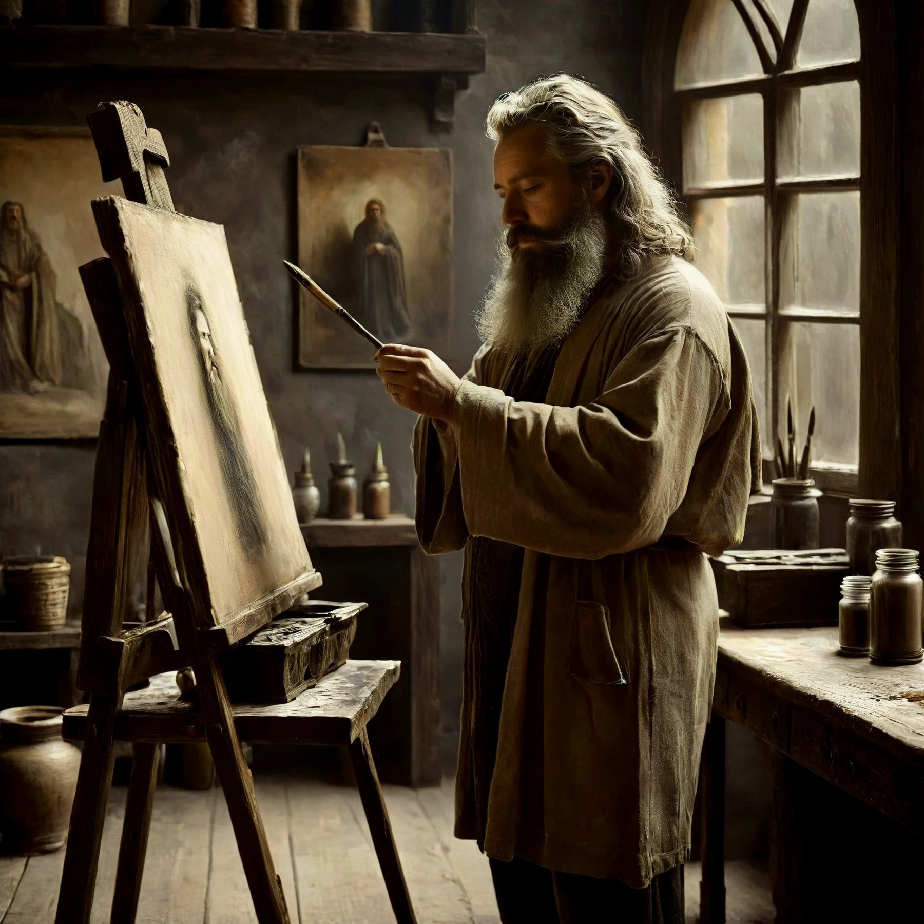 A master artist painting at his easel (grey hair and beard), standing before his easel. Dressed in ancient robes. Painting a beautiful portrait for a woman.
Atmospheric. Rustic.
<lora:Medieval01-01_CE_SDXL_64x32x90x2bOT:0.8>
mdvlCE