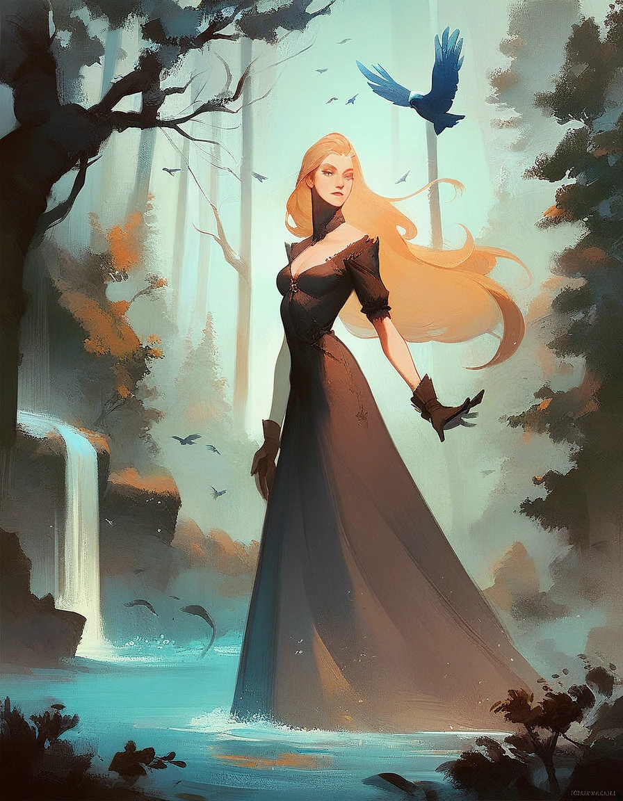 score_9, score_8_up, score_7_up, score_6_up, painting, MTGr3b3cc4, 1girl, solo, long hair, blonde hair, gloves, dress, water, tree, bird, nature, forest, <lora:MTGr3b3cc4-pony:1>