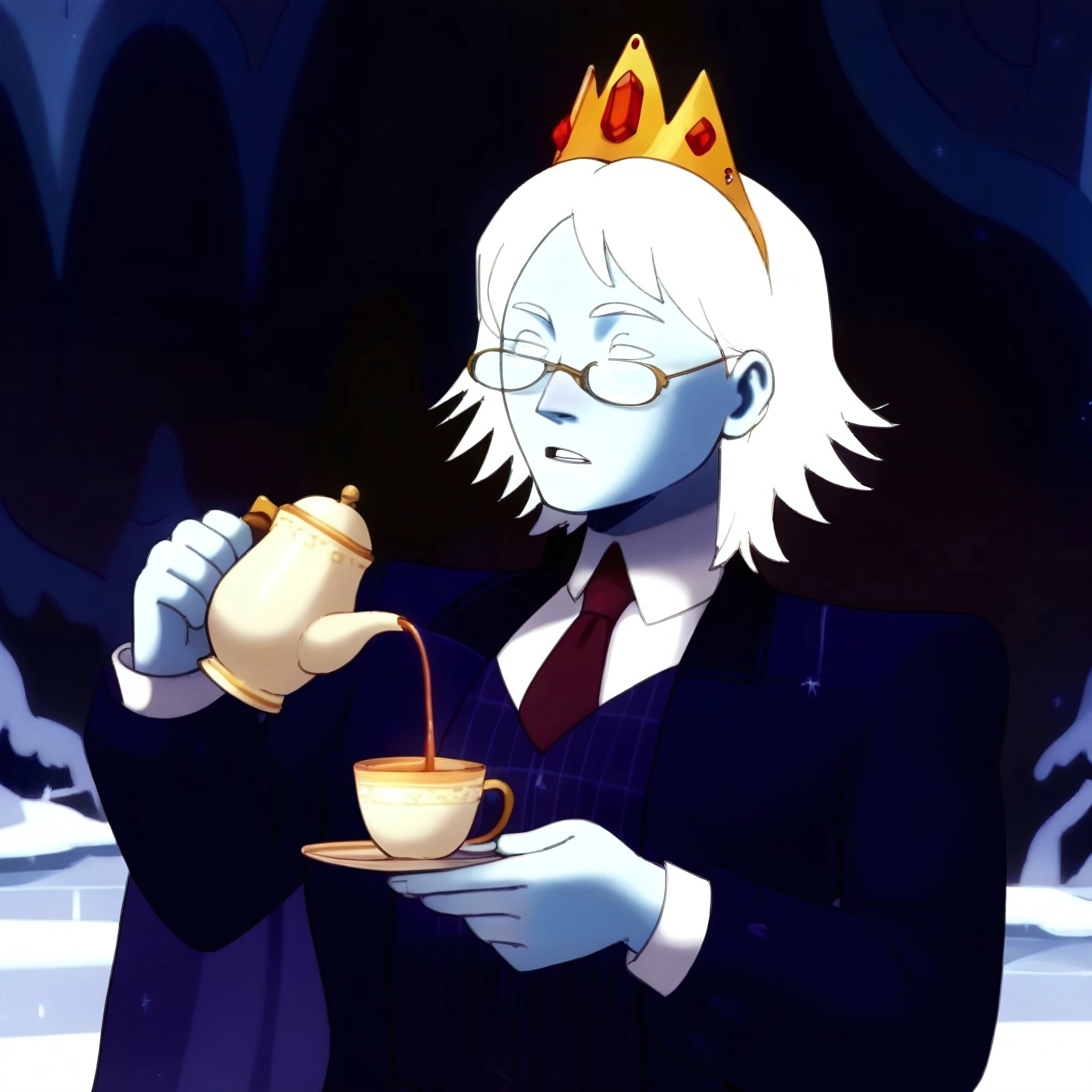 1boy, winter_king,blue skin, white hair, short hair, blue vest, blue jacket, necktie, opaque glasses, crown,aid291,Expressiveh, solo, , Th1sUs3r, pouring, holding cup, holding teapot