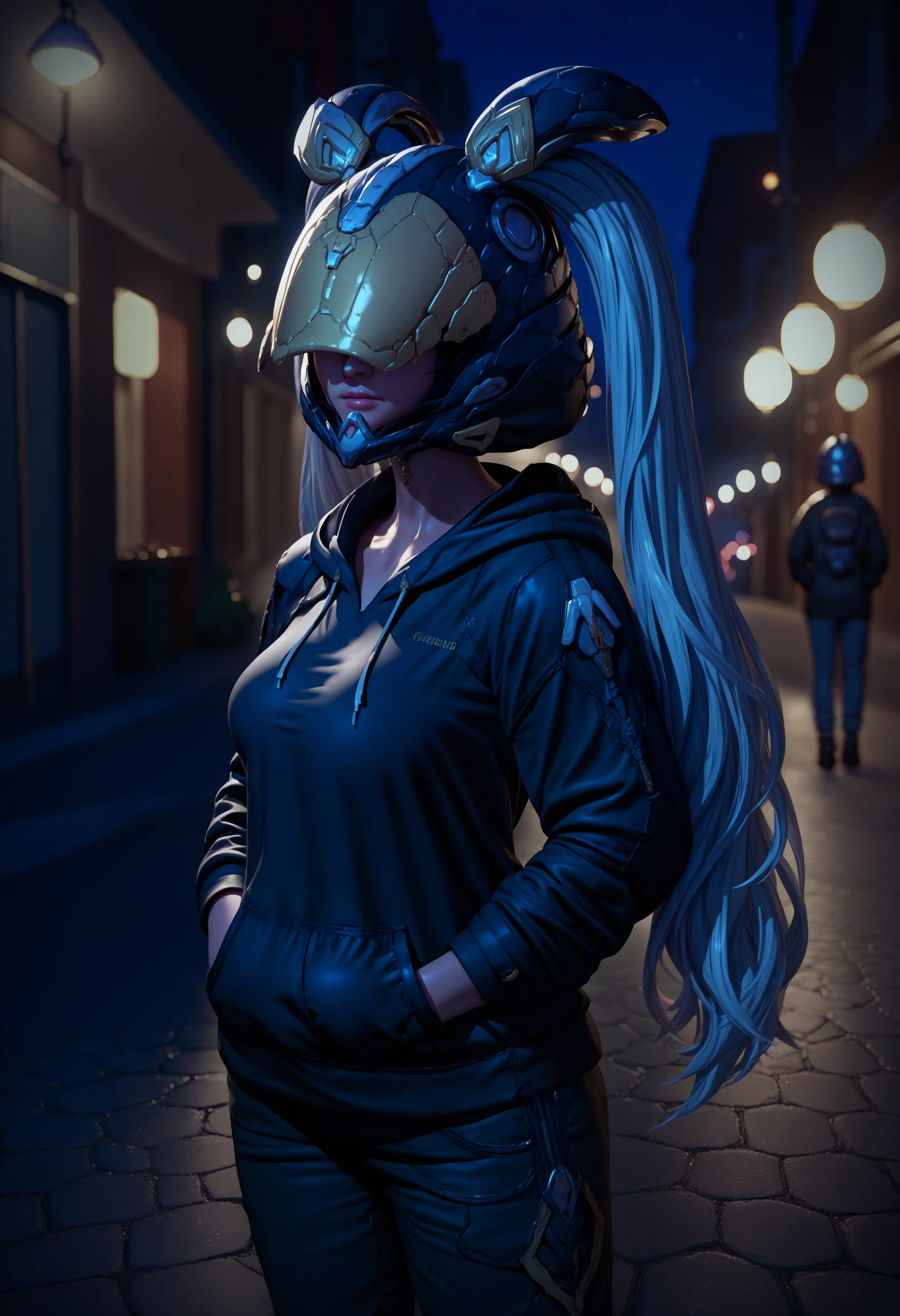 score_9, score_8_up, score_7_up, 1girl, UltimateBnny, obscured eyes, medium breasts, twintails, long hair, white hair, animal ears, helmet, black hoodie, hands in pockets, night, outdoors, street, pants, <lora:UltimateBunny_pdxl_Incrs_v1:1>