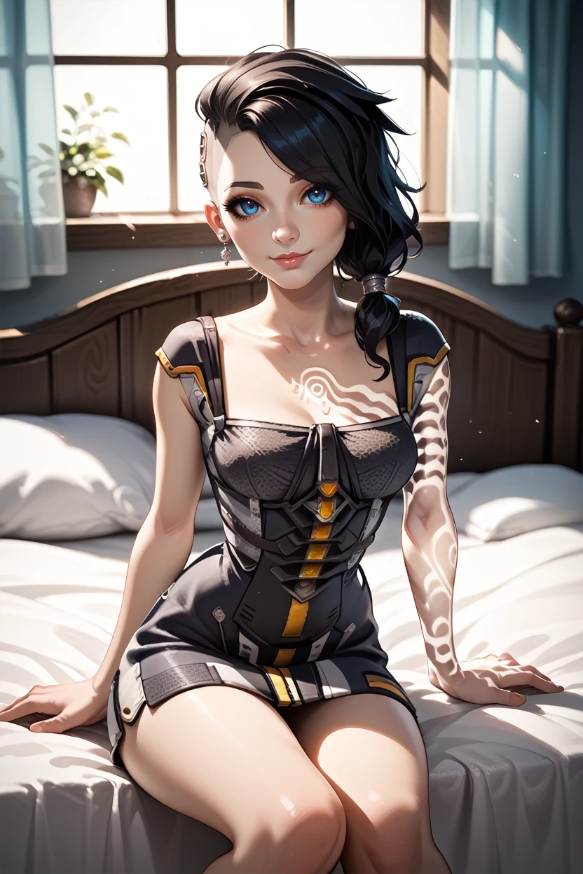 score_9, score_8_up, score_7_up, score_6_up
<lora:BLAngel:1.0>
BLAngel, 1girl, black hair, long hair, blue eyes, undercut, tattoo, looking at viewer, smiling softly, sitting on edge of bed, one hand playing with hair, cozy bedroom, warm morning light, sunlight filtering through curtains