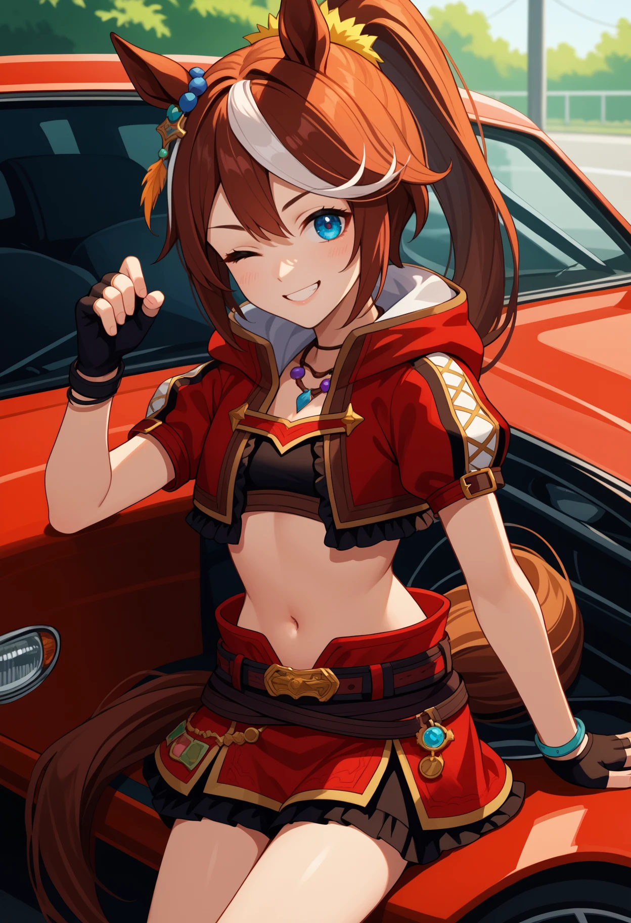 score_9, score_8_up, score_7_up, source_anime, <break> solo, 1girl, tokaihorizon, horse tail, smile, looking at you, sitting on car, long hair, high ponytail, animal ears, ear ornament, one eye closed, red jacket, cropped jacket, hooded jacket, open jacket, puffy short sleeves, black gloves, fingerless gloves, red skirt, miniskirt, belt, necklace, midriff, navel, outdoors, ground vehicle, red car
<segment:yolo-face_yolov8m.pt,0.4,0.5//cid=1>