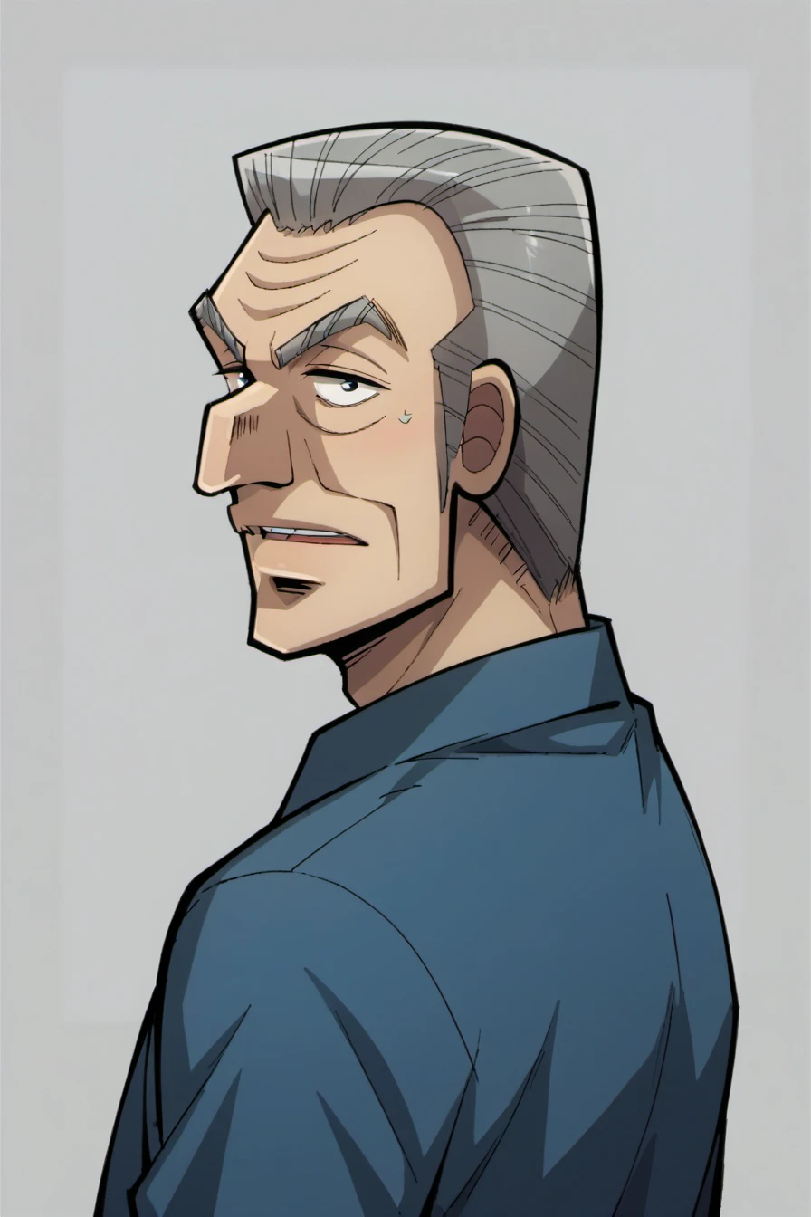 from front,rateing_safe,score_9, score_8_up, score_7_up, socre_cartoon,1boy,solo old, old man,tonegawaxx,grey hair,blue shirt,simple back ground