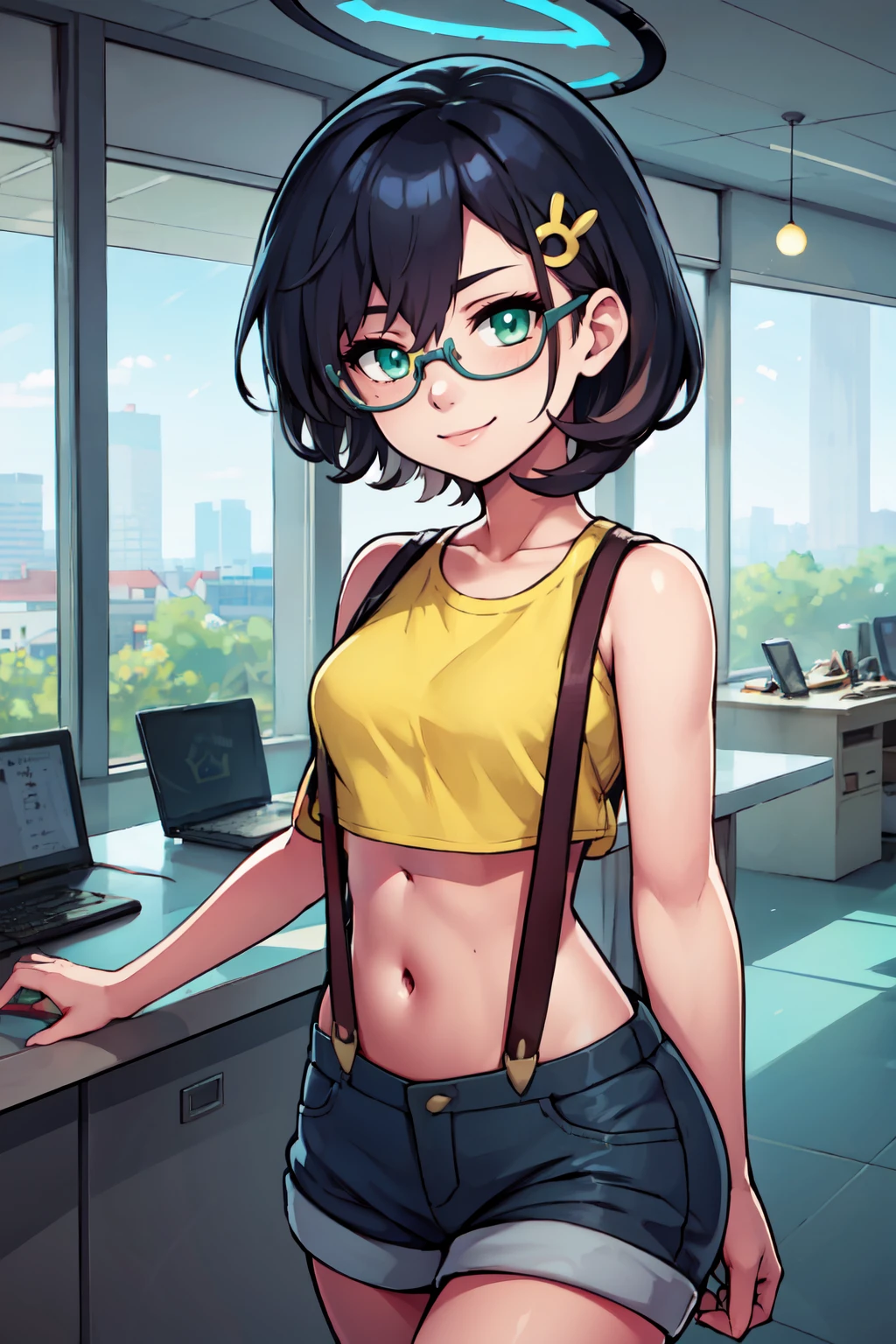 ((masterpiece,best quality)), absurdres,  BREAK, , <lora:Chihiro_BlueArchive_Citron:0.8>, zzChihiro, green eyes, black hair, short hair, glasses, halo, hair ornament, , BREAK,  <lora:Misty_Pokemon_Cosplay_v3:0.8>,  misty (pokemon) (cosplay), yellow crop top, suspenders,, BREAK, solo, smile, looking at viewer, cowboy shot,