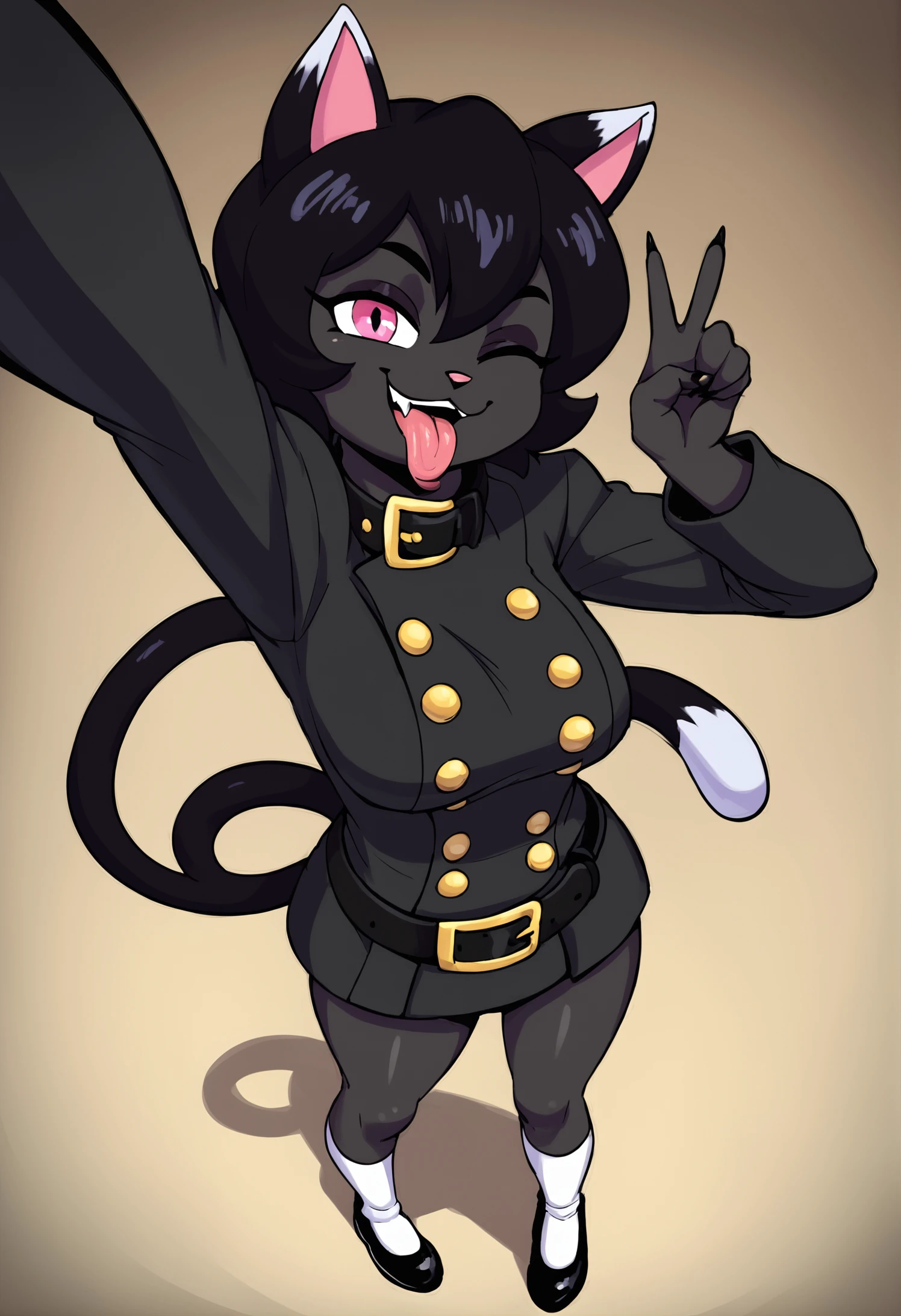 score 9, score 8 up, score 7 up, score 6 up, score 5 up, score 4 up, by avioylin, solo, black cat, cat, black fur, black cat tail, black hair, pink inner ear, short hair, yicat, slim, smug face, white ear tips, pink eyes, golden buckle, golden belt buckle, golden belt collar buckle, belt collar, belt, golden buttons, pea coat, black trenchcoat, coat, one eye closed, tongue out, looking at viewer, full-length portrait, standing, white socks, black shoes, pose, mature female, action pose, high-angle view, selfie,v sign, <lora:yicat_sdxl_safetensors:0.8>, <lora:avioylin_style_lora_v3:0.5> <lora:Joaoppereiraus_Style_v2_PonyXL:0.3> joao, by joaoppereiraus