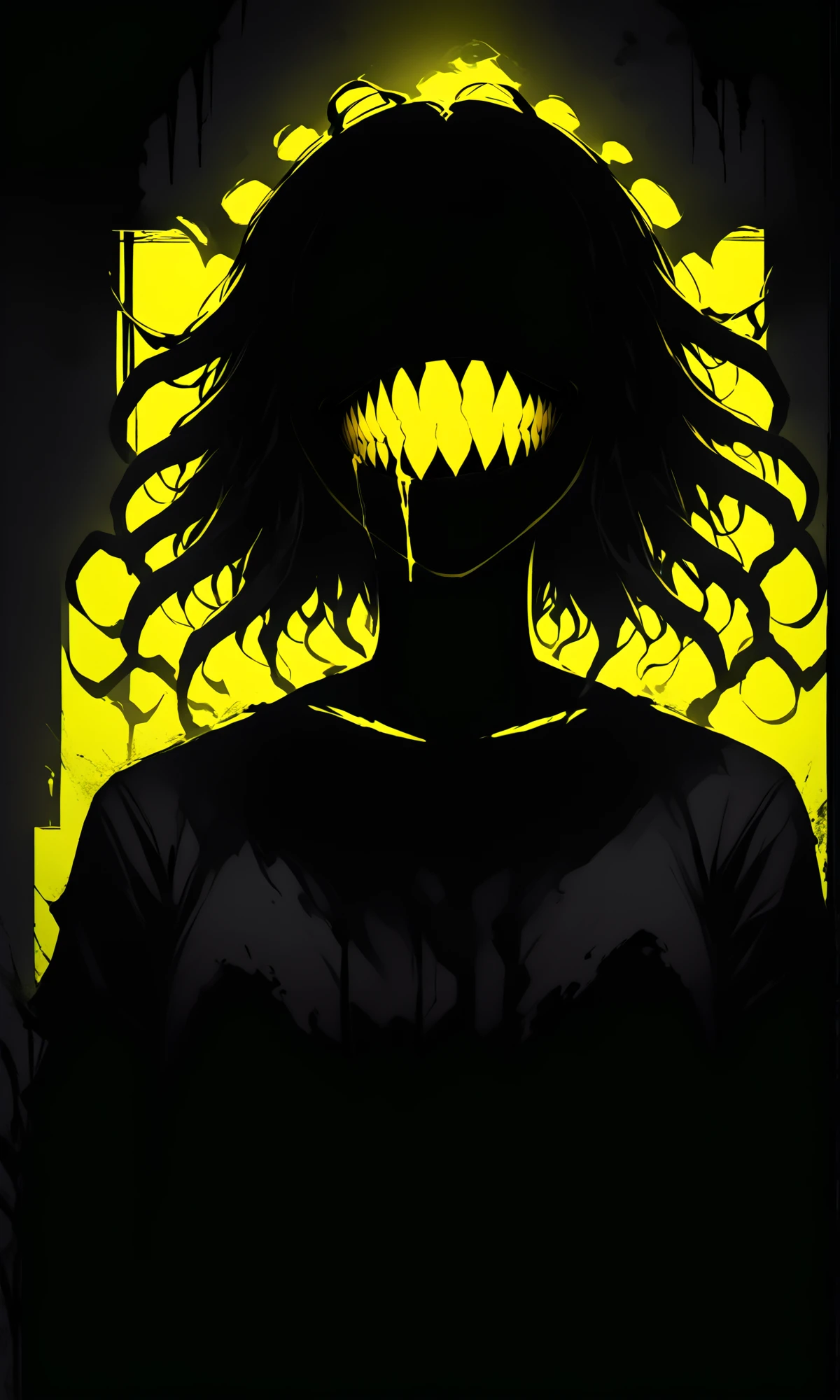 <lora:Vibrant_yandere:1.2> 1girl, adult woman, solo, vibrant colors, yandere, insane, horror, (dark art:1.8), (madness:1.5), yellow teeth, no face, dark room, silhouette, wide glowing teeth