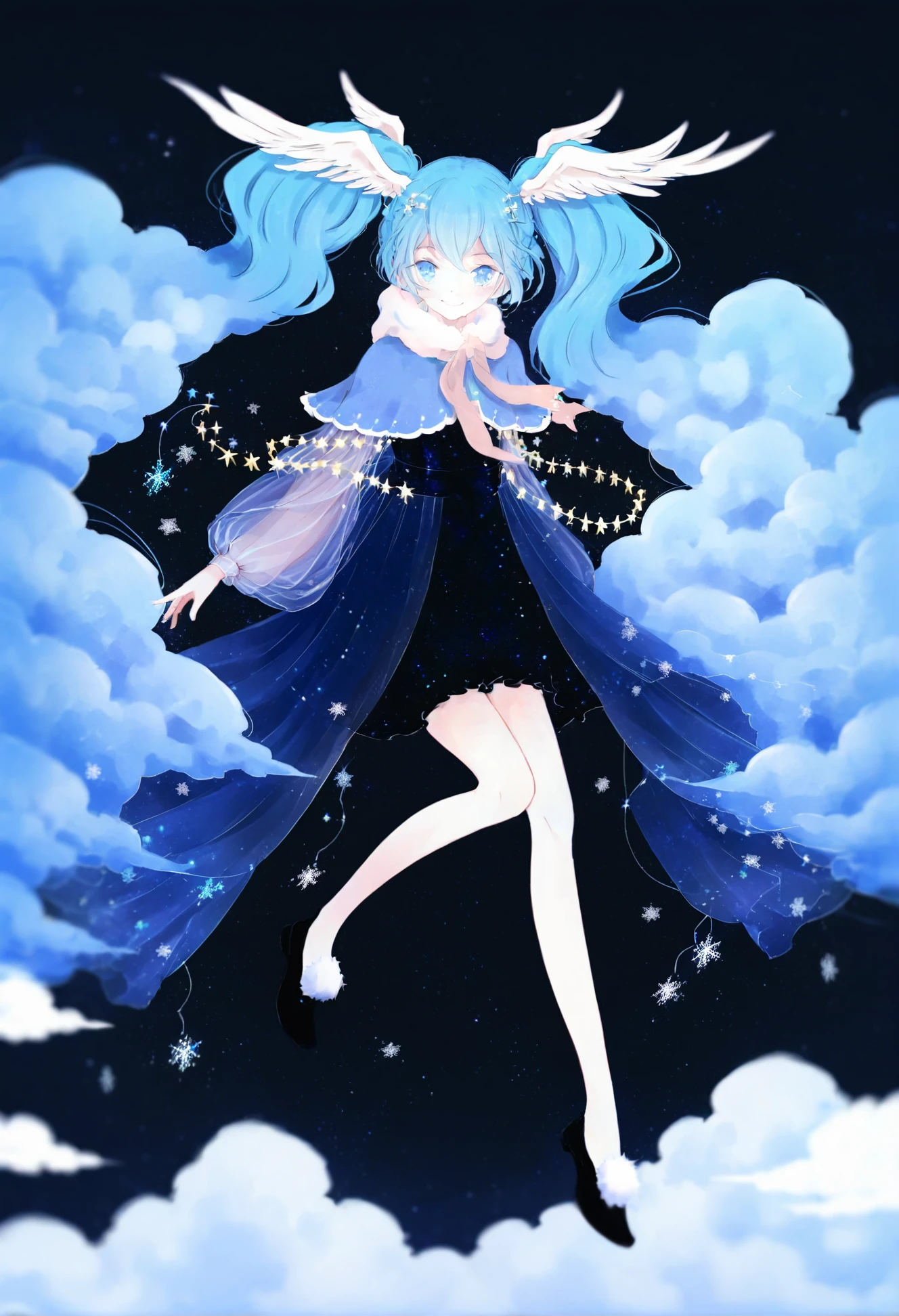 masterpiece, best quality, 1girl, solo, hatsune miku, blue eyes, blue hair, twintails, long hair, wing hair ornament, star \(symbol\), dress, starry sky print, cloud, full body, smile, yuki miku, constellation, sky, very long hair, blue dress, snowflake print, constellation print, cape, looking at viewer, white background, hair ornament, shoes, blue theme, black footwear, star \(sky\), wings, head wings, see-through, long sleeves 
 <lora:ajimitaXLlokr4f-000178:1>