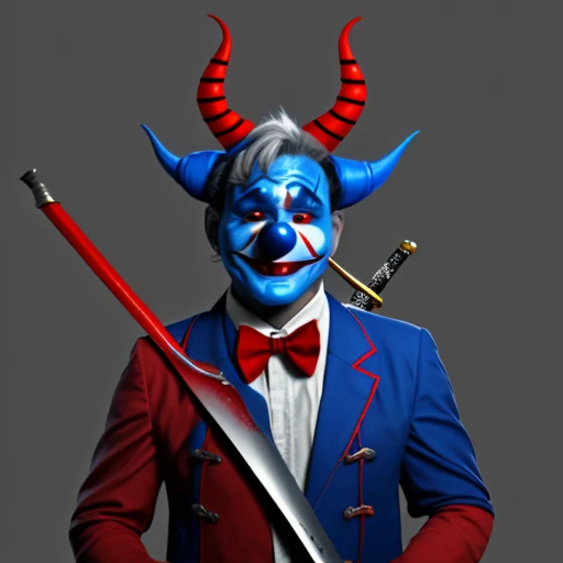 bowtie, fake horns, 1boy, sword, fake screenshot, backpack, clown, blue skin, red jacket, grey hair