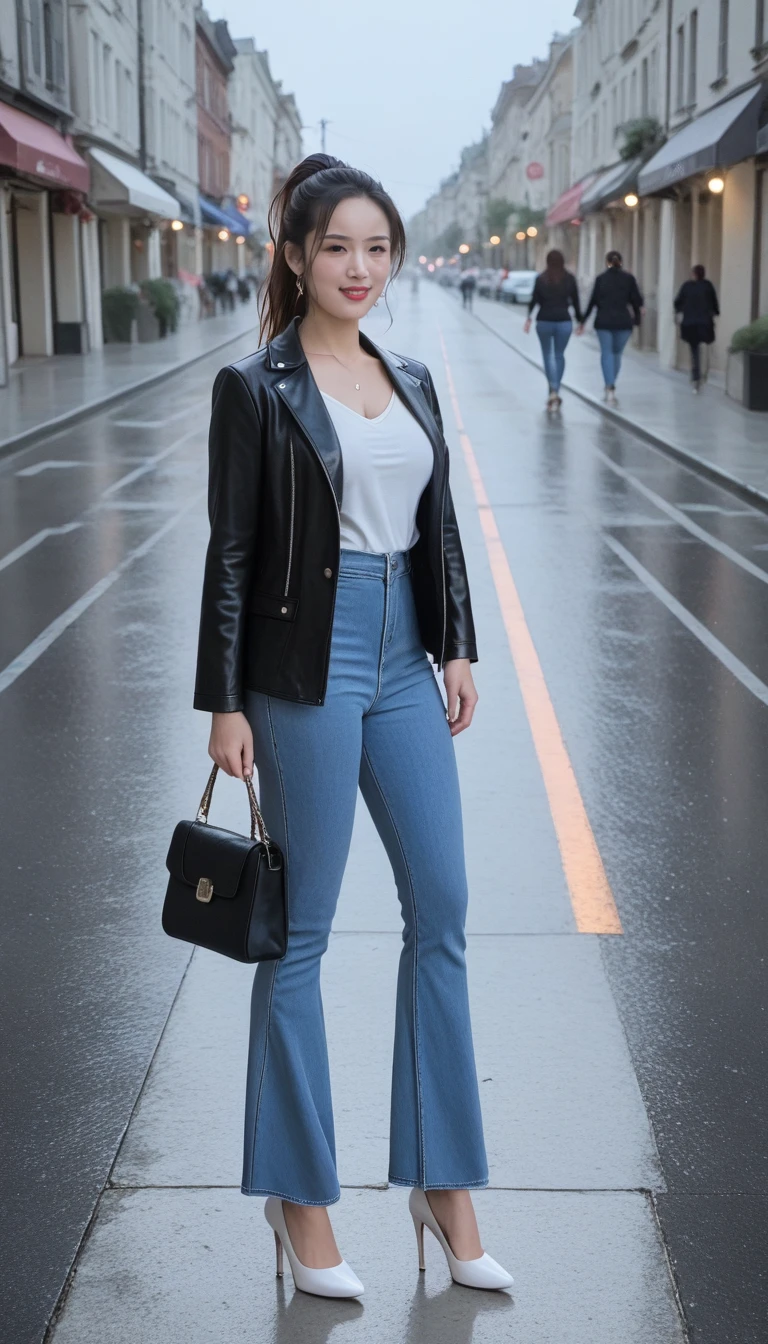 ,,chinese women,(35 years old:1.6),jeans,score_9,score_8_up,score_7_up,people come and go of the street,sidewalk,(women wearing jeans),women like stars,women looks angry,best quality,masterpiece,Highly detailed,ultra-fine painting,sharp focus,physically-based rendering,extreme detail description,Professional,Vivid Colors,Bokeh,((full body photo)),women wearing black leather jacket,white high heels,glamor,film light and shadow,ponytail hairstyle,long legs,rainy days,walk,round face,night,gloomy light,side photo,big eyes,mid-autumn festival,<lora:QIHONG PONY V3:1.3>,<lora:Flared jeans SDXL V1:2>