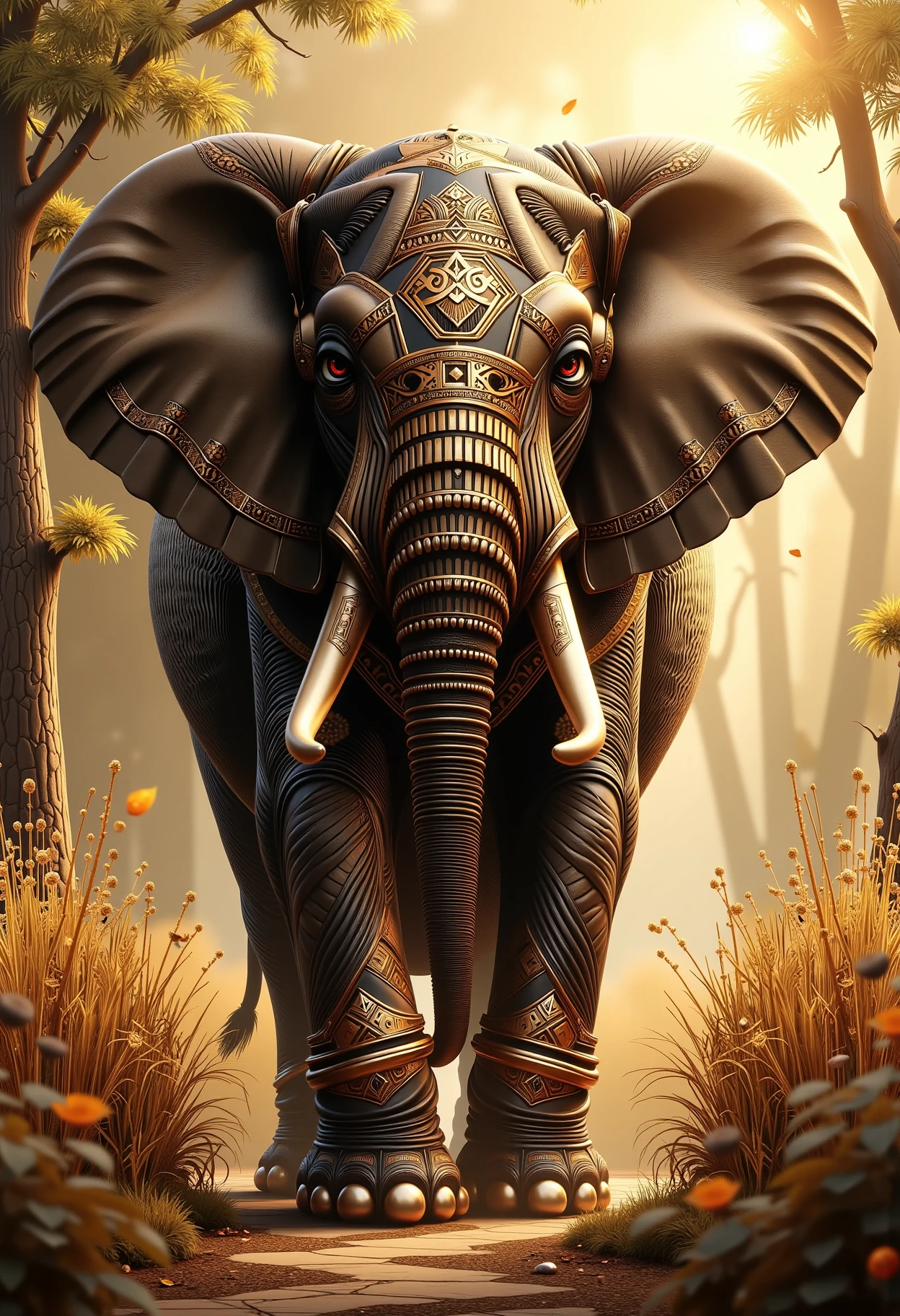 afrofuturism, the elephant in the room, hyperrealistic, highly detailed, cinematic, single ray of golden sunlight, beautiful, cgssociety, artstation, 8 k, oil painting by greg rutkowski, by artgerm, by wlop
 <lora:dvr-afrofuturism-flux:1>