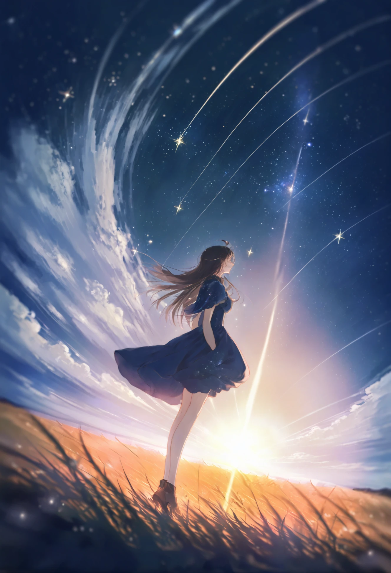 masterpiece, best quality, 1girl, solo, long hair, sky, grass, star \(sky\), scenery, starry sky, outdoors, night, dress, night sky, field, fantasy, dutch angle, capelet, shooting star, blue theme, very long hair, flower, standing, ahoge, cloud, light particles 
 <lora:ajimitaXLlokr4f-000178:1>