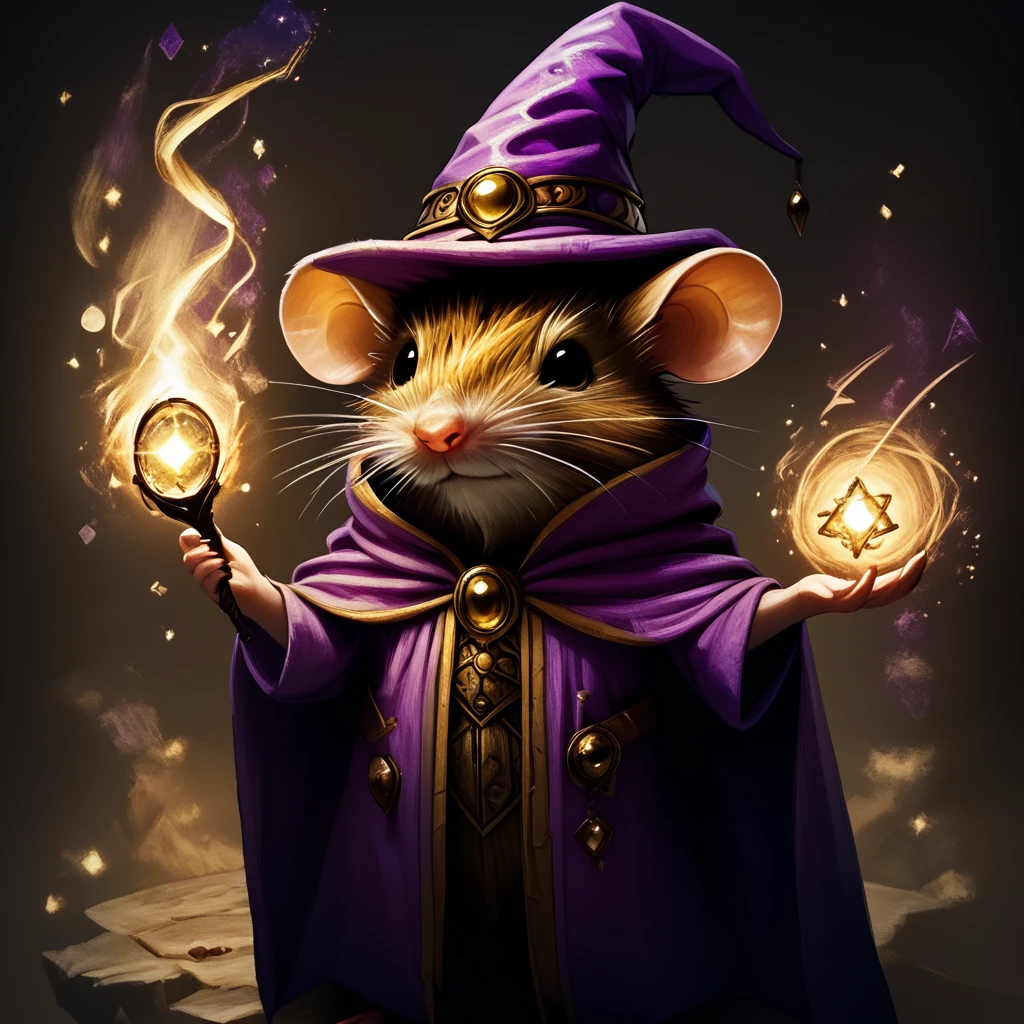 core_9, score_8_up, score_7_up,  <lora:MazesMicePony:1>  MazesAndMice, The image is a digital illustration of a mouse dressed up as a wizard. The mouse is wearing a purple hat with a gold emblem on it and a blue cloak with gold accents. It is holding a wand with a fire burning on it which is also holding a golden orb. The background is dark and there are small white dots scattered around the mouse giving it a magical and whimsical appearance. The overall mood of the image is mysterious and magical., hat, mouse, wizard, witch hat, fire, holding, solo, cape, whiskers, magic