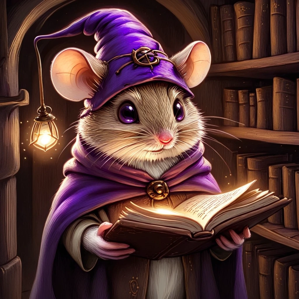 <lora:MazesMiceSDXL:1> MazesAndMice, The image is a digital illustration of a mouse wearing a purple hat and cloak. The mouse is holding an open book in its paws and is looking at the camera with a curious expression. The book appears to be a fairy tale or fairy tale as there is a small light shining from the pages. The background is filled with bookshelves and a wooden ladder suggesting that the mouse is in a library or a study. The overall mood of the image is whimsical and magical., book, hat, mouse, solo, holding, open book, whiskers, furry, witch hat, holding book