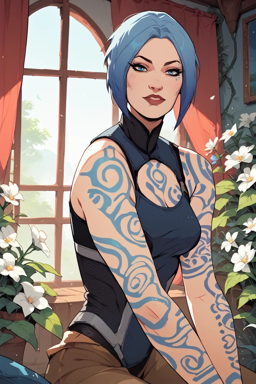 score_9, score_8_up, score_7_up, score_6_up
<lora:BLMaya:1.0>
BLMaya, 1girl, blue hair, short hair, blue eyes, tattoo, looking at viewer,  indoors, overgrowned, bedroom, flowers, white flowers, vines