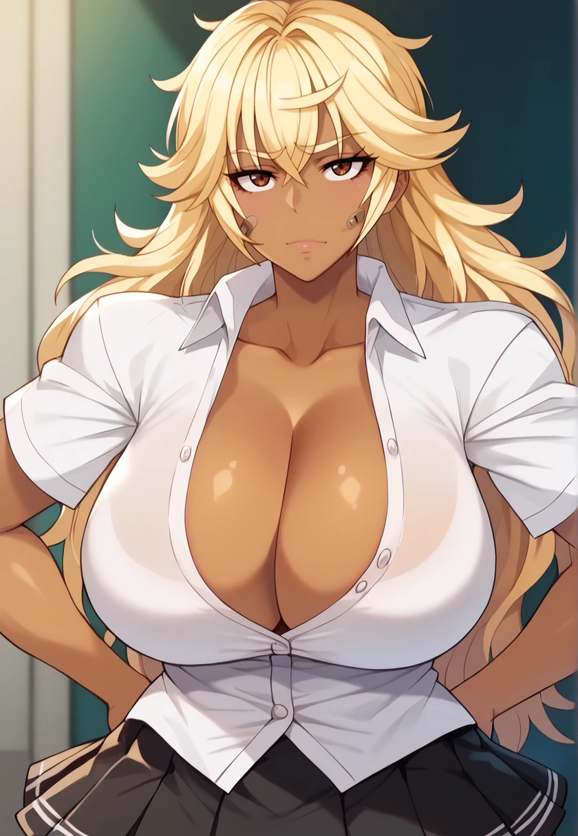 <lora:GakuenShoko-10:1> gakuenshoko, dark-skinned female, gyaru, blonde hair, long hair, brown eyes, huge breasts, bandaid, shool uniform, cleavage, white shirt, openn shirt, black skirt, pleated skirt, bandaid on face, 16k, masterpiece, absurdes, highly detailed, highres, high quality, best quality, score_9, score_8_up, score_7_up, score_6_up, shiny, shiny skin, shiny hair, looking at viewer, portrait, upper body, close-up,