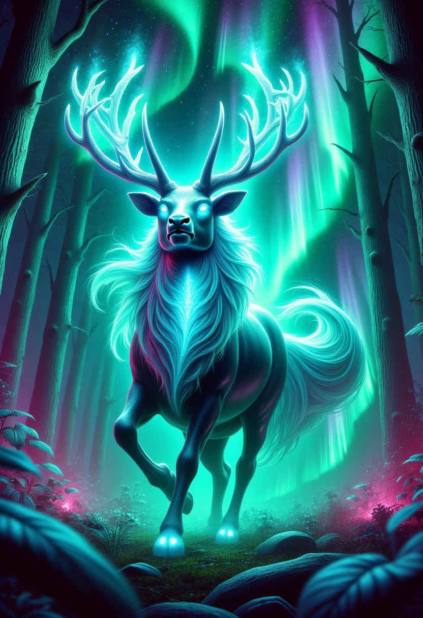 nchantedAurora, a powerful stag charges through an enchanted forest, its antlers glowing brightly as the aurora follows in its wake, scattering light and magic across the trees.