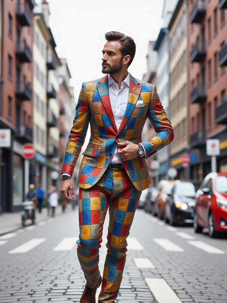 man wearing a mad-clrfltls suit walking through city, dynamic_pose, from side, light smile, cinematic shot   <lora:Colorful_Tiles_FLUX:1.2>