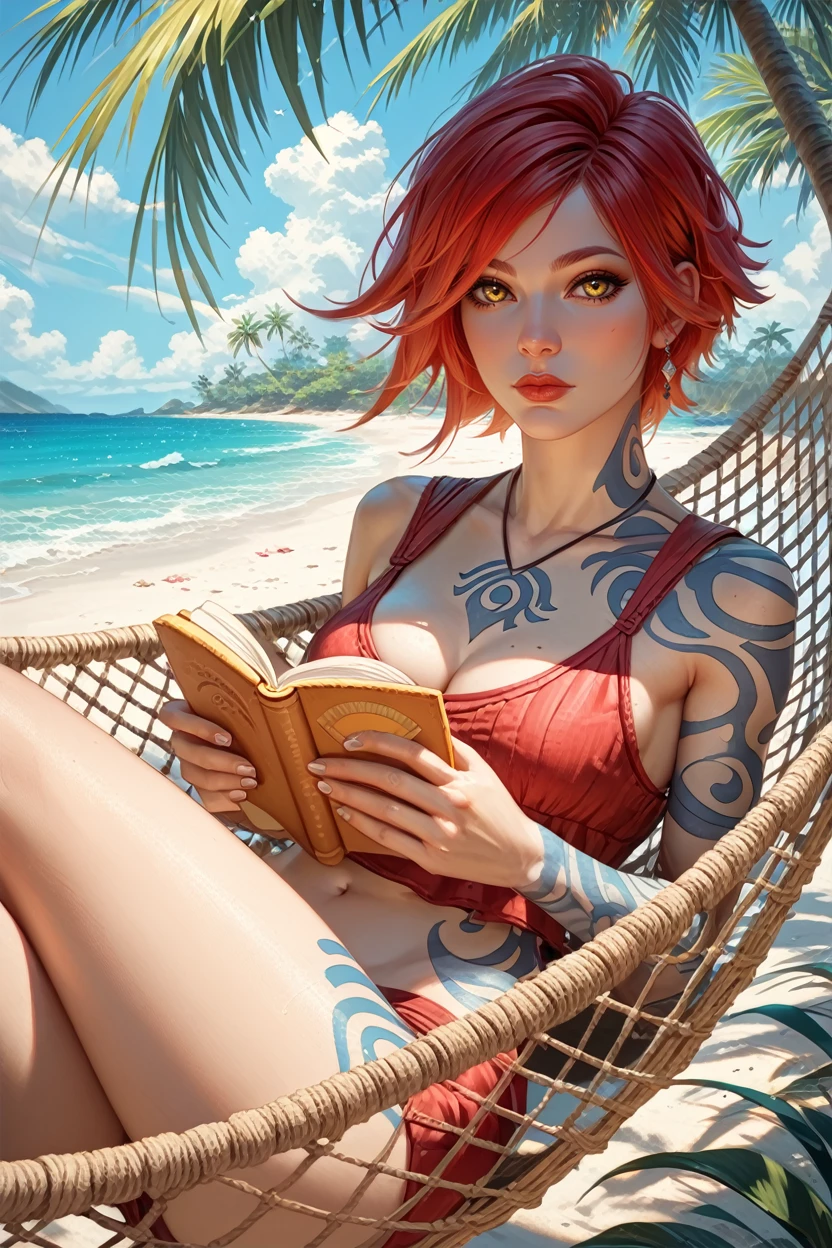 score_9, score_8_up, score_7_up, score_6_up
<lora:BLLilith:0.8>
BLLilith, 1girl, red hair, short hair, yellow eyes, tattoo, looking at viewer, laying in a hammock, reading a book, tropical beach with palm trees swaying, clear blue sky and ocean, tranquil and leisurely setting