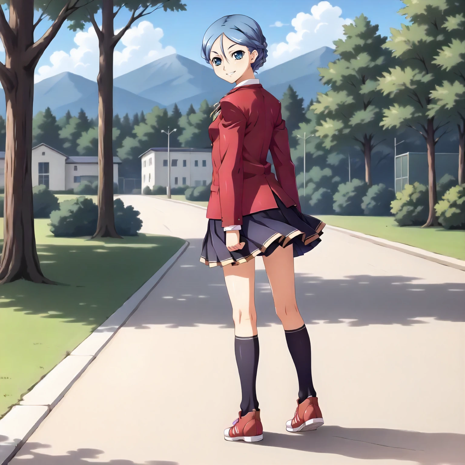 <lora:SDG_YukaMorimuraXLpony001>,
outdoors,nature,
smile,
solo,
YukaMorimura,1girl,blue hair,french braid,blue eyes,
school_uniform,red jacket,
pleated_skirt,
knee socks,
sneakers,
standing,looking back,