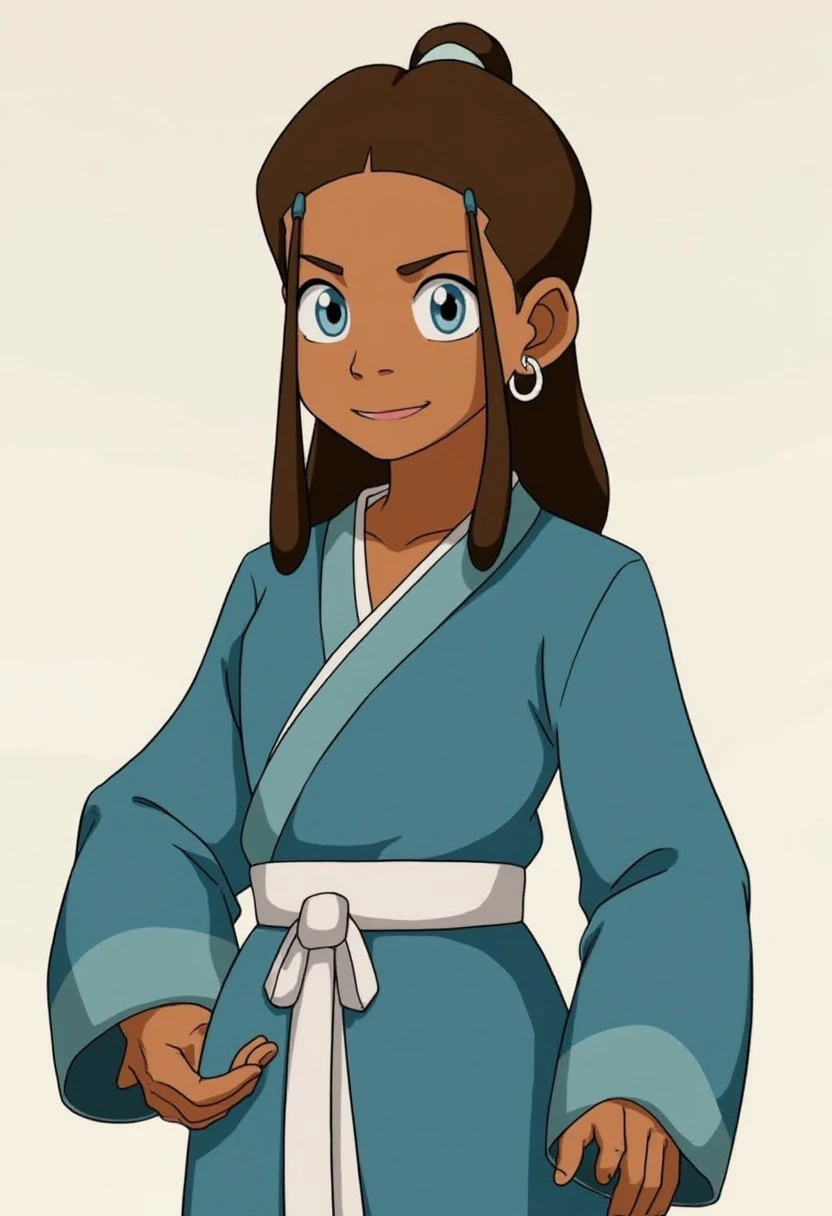 This is a digital drawing in a stylized, semi-realistic anime-inspired art style. The scene depicts Katara, a young woman with a warm, inviting smile
Katara has light brown skin and light blue eyes. Her hair is brown. She is looking directly at the viewer.
She is dressed in a traditional blue robe with a white sash tied around the waist.