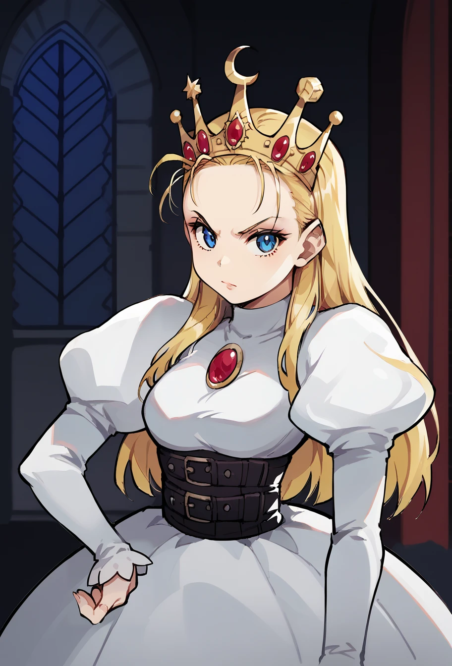 score_9, score_8_up, score_7, 2d, aesthetic, source_cartoon, BREAK, female focus, portrait, 1girl, one hand on hip, pointing, night, gothic castle, interior, evil lair, 1girl, devilotte, long blonde hair, hair slicked back, crown, blue eyes, white dress, puffy juliet sleeves, 
looking at viewer, warm lighting,