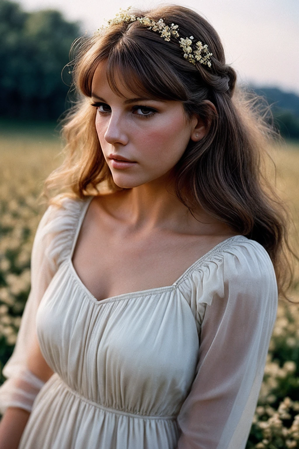 StefaniaS_SoloTI_v1,
(In a simple yet elegant peasant dress, her hair loosely tied back in soft waves, her expression a blend of strength and vulnerability, reflecting the social and personal struggles of her time),
(Set against the sweeping, pastoral backdrop of the Italian countryside, with vast open fields, rustic farmhouses, and a sky tinged with golden light, the atmosphere is filled with the tension of social change and the beauty of rural life),
(empathetic:1.3),
(film grain, warm tones, soft focus, natural light, analog cinematic shot:1.3),
<lora:add_detail:0.6> epiCPhoto, PA7_Portrait-MCU