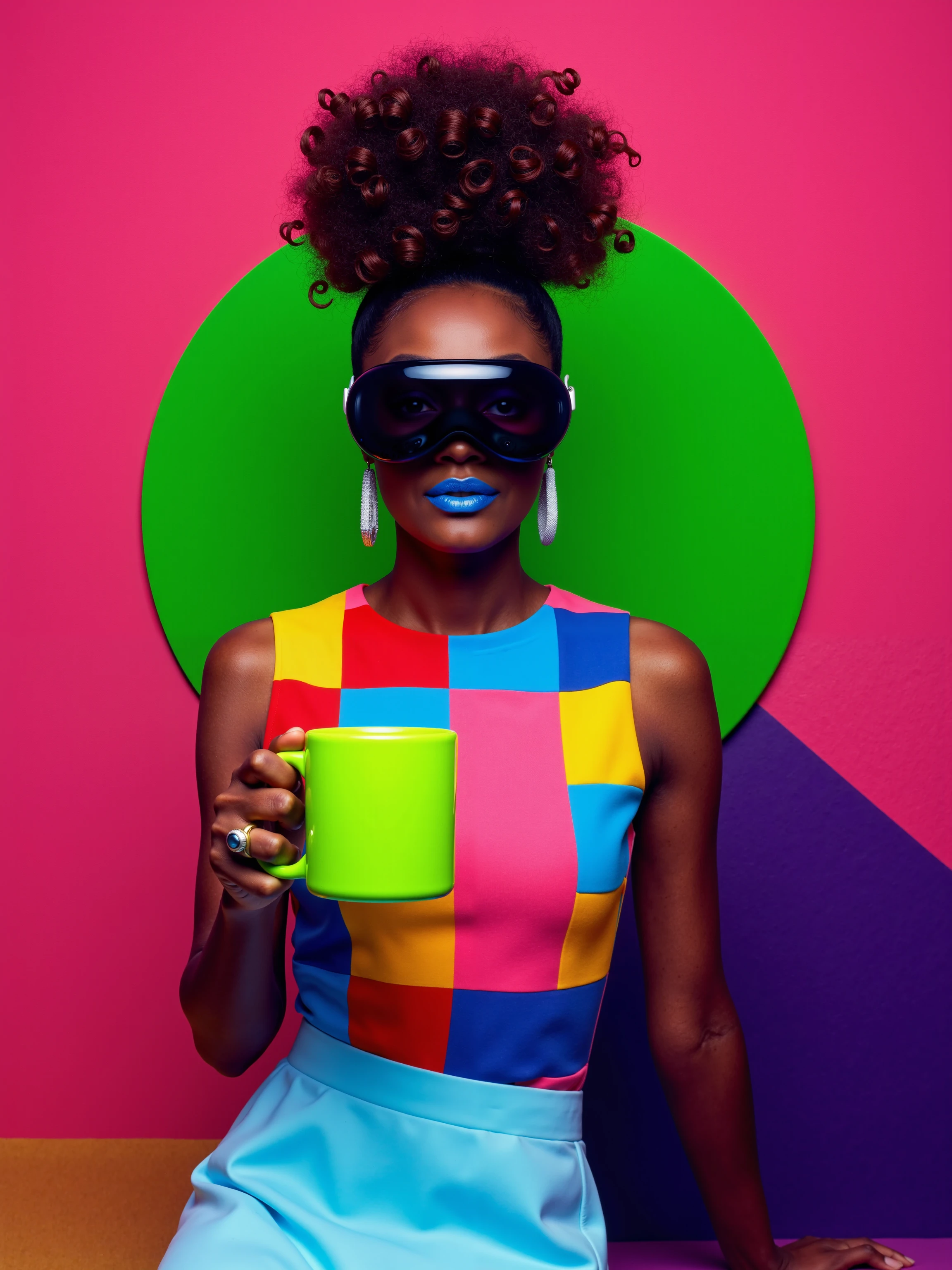 A striking, high-fashion portrait of a woman seated against a bold, color-blocked background that splits between magenta and deep purple, with a circular green accent behind her, making her the focal point. She wears large, black, reflective sunglasses that add a futuristic edge to her look. Her voluminous, sculpted hairstyle is styled high in intricate curls, exuding an avant-garde elegance. The woman's makeup is bold, with vibrant blue lipstick contrasting beautifully against her deep, rich skin tone.

She holds a bright green mug in one hand, casually poised, creating an interesting juxtaposition between the everyday object and her fashion-forward appearance. Her top features a colorful, geometric pattern of squares in shades of red, yellow, blue, and pink, bringing a sense of playful energy to the scene. She pairs this with a sleek, light blue skirt that contrasts the intensity of the upper half of the composition.

The lighting is even, soft, and studio-controlled, ensuring the vivid colors of her outfit and background pop while keeping shadows minimal. The mood is vibrant, playful, and surreal, blending pop art aesthetics with high fashion photography.

The camera is positioned at eye level, capturing her from the waist up, focusing on her poised posture and striking visual contrast. The color palette is a feast for the eyes, with bold neon hues, geometric patterns, and a sleek, glossy finish to the accessories, creating a modern, artistic vibe. The overall composition is bold, contemporary, and full of energy, mixing fashion, art, and design into one cohesive, visually stimulating image.

