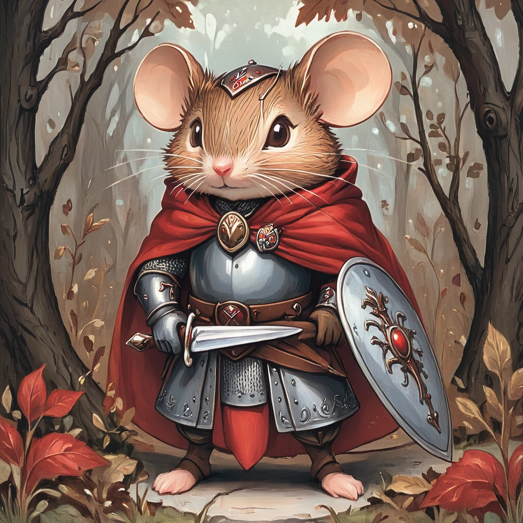 <lora:MazesMiceSDXL:1> MazesAndMice, The image is a digital illustration of a mouse dressed up as a knight. The mouse is standing in a wooded area with trees and bushes in the background. It is wearing a red cape and armor with a sword in its right hand and a shield in its left hand. The armor appears to be made of metal and has intricate details on the chest and arms. The sword is long and pointed and the mouse has a determined expression on its face. The overall color scheme of the image is warm and earthy with shades of brown red and orange., weapon, sword, armor, mouse, nature, cape, no humans, solo, forest, sheath