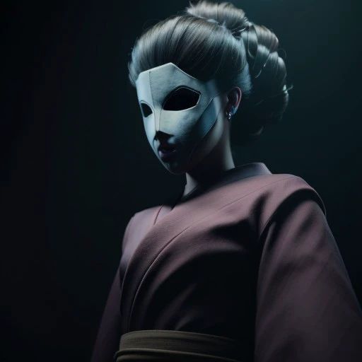 high res, good quality, accurate face, ((high resolution:1.2), (hi-res:1.2), masterpiece, best quality),  easynegative, ng_deepnegative_v1_75t, bad-picture-chill-75v, The Lady, video game character, Little Nightmares, Red kimono , porcelain mask , Taller woman, in a dark room, black Mist, dark aura,