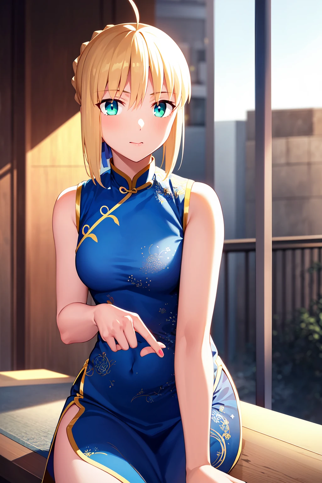 (RAW photo, best quality), 1girl,  natural lighting,
 <lora:saber_atoria_v1_2-000006:1>, artoria, blue cheongsam with gold intricate patterns,