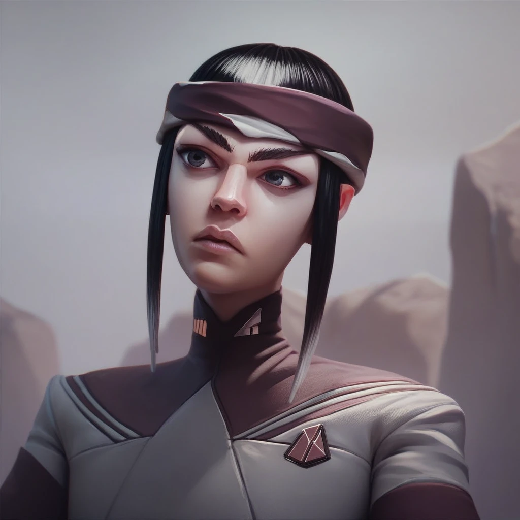 (score_9, score_8_up, score_7_up, score_6_up), maj'el, vulcan, 1girl, solo, black hair, headband, sidelocks, lips, realistic, short hair, upper body, nose, gray shirt, science fiction