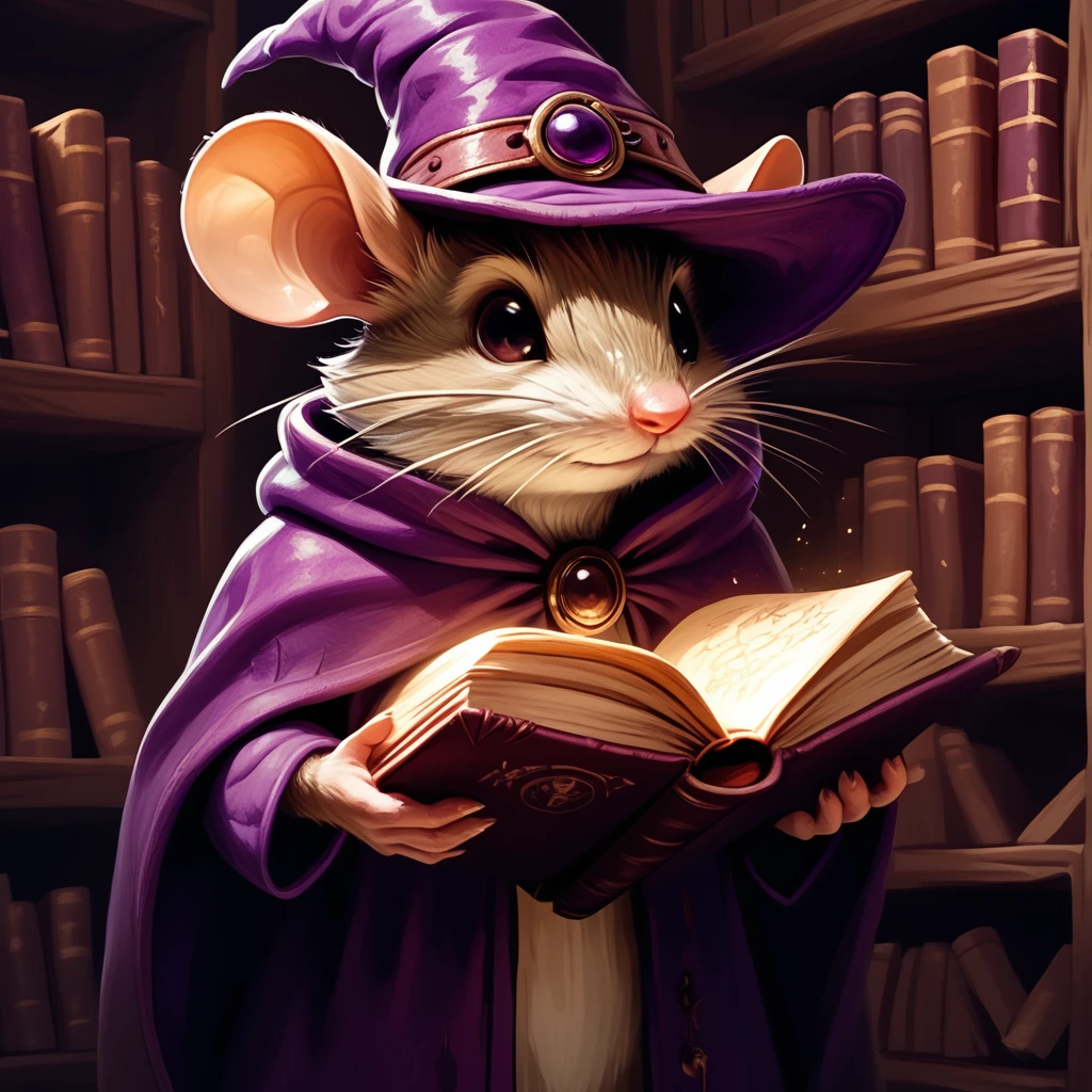 core_9, score_8_up, score_7_up,  <lora:MazesMicePony:0.8>  MazesAndMice, The image is a digital illustration of a mouse wearing a purple hat and cloak. The mouse is holding an open book in its paws and is looking at the camera with a curious expression. The book appears to be a fairy tale or fairy tale as there is a small light shining from the pages. The background is filled with bookshelves and a wooden ladder suggesting that the mouse is in a library or a study. The overall mood of the image is whimsical and magical., book, hat, mouse, solo, holding, open book, whiskers, furry, witch hat, holding book