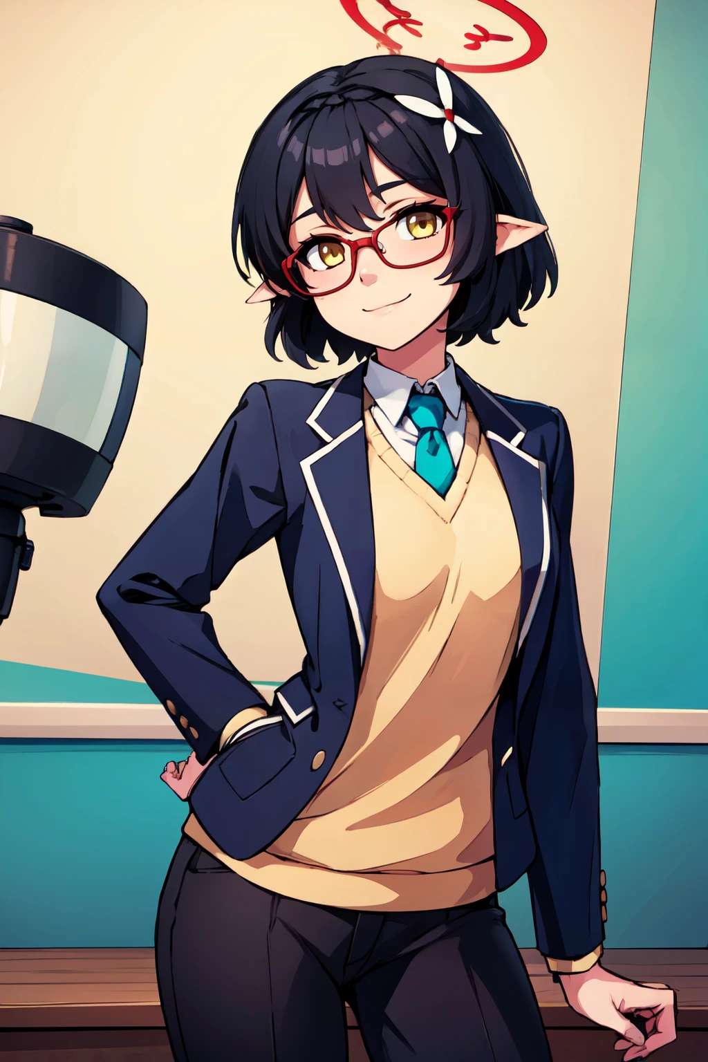 ((masterpiece,best quality)), absurdres,  BREAK, , <lora:Ayane_BlueArchive_Citron:0.8>, zzAyane, yellow eyes, black hair, short hair, glasses, halo school uniform, blue necktie, white shirt, blazer, sweater vest , BREAK, hip to the side, contrapposto, cowboy shot,, BREAK, solo, smile, looking at viewer, cowboy shot,