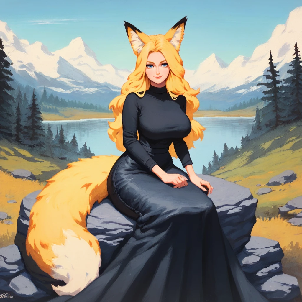 score_9, score_8_up, score_7_up, <lora:KittelsenStyleBeta1122:1>, kittelsen style, traditional media, 1girl, solo, long hair, blonde hair, fox ears, blue eyes, closed mouth, smile, black shirt, long sleeves, black skirt, long skirt, large breasts, wide hips, fox tail, sitting on a rock, BREAK, outdoors, forest, mountains,